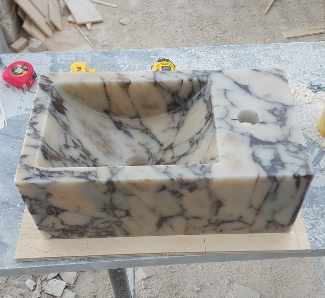 Viola Corner Wall Small Bathroom Sink, Calacatta Marble Sink, Stone Sink with Faucet Hole