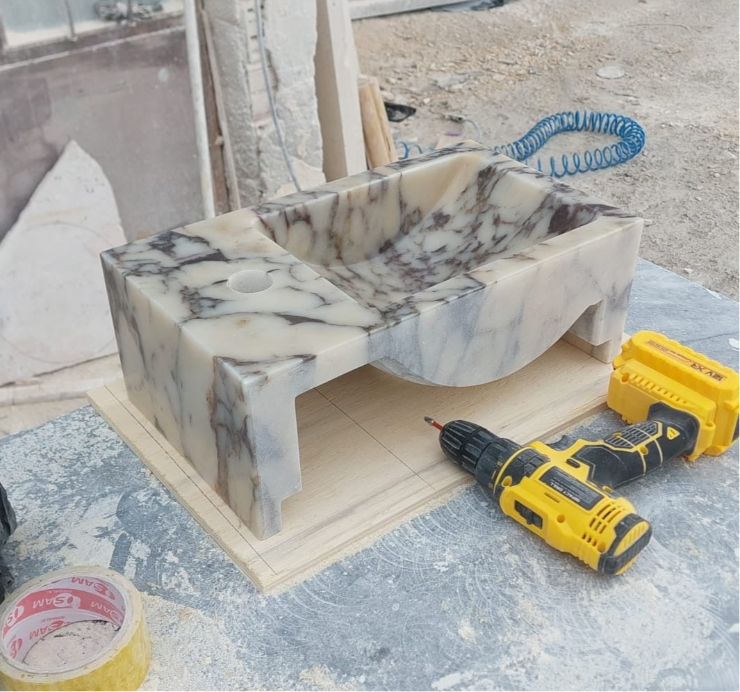 Viola Corner Wall Small Bathroom Sink, Calacatta Marble Sink, Stone Sink with Faucet Hole