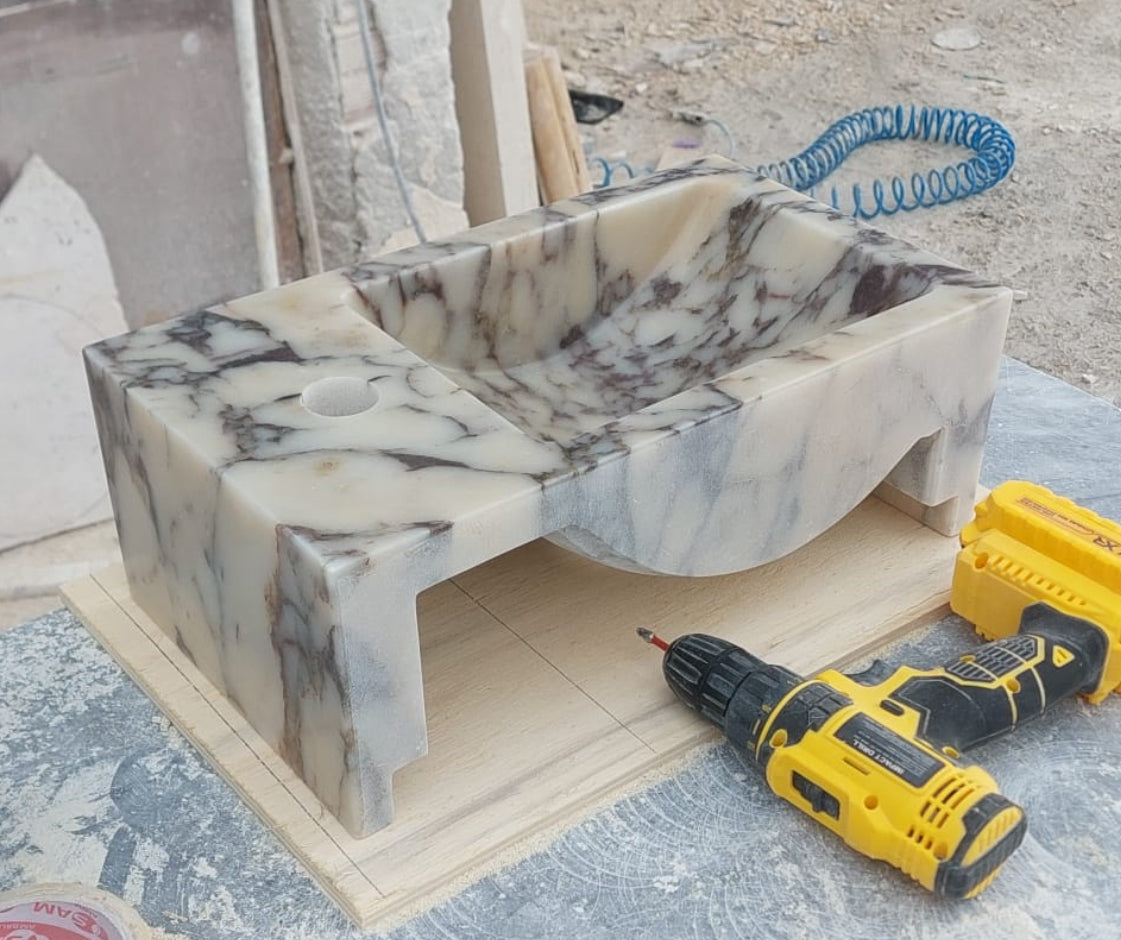 Viola Corner Wall Small Bathroom Sink, Calacatta Marble Sink, Stone Sink with Faucet Hole