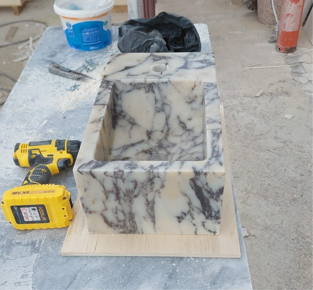 Viola Corner Wall Small Bathroom Sink, Calacatta Marble Sink, Stone Sink with Faucet Hole