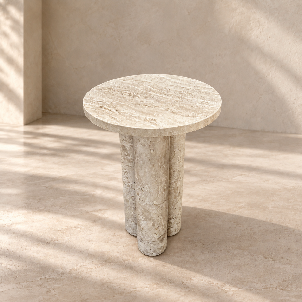 Round Travertine Side Table, Three-Cylinder Leg Marble Coffee Table, Stone Cocktail Table, Garden Small Table, Modern Home