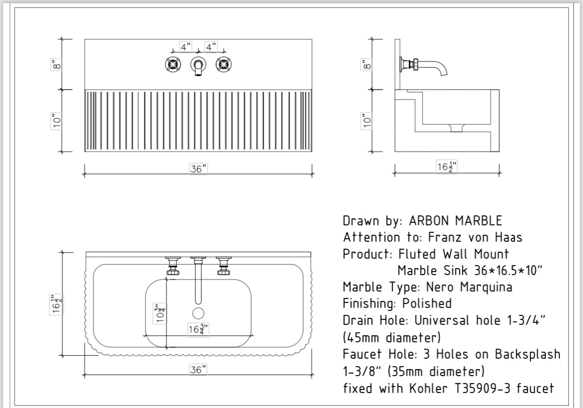 Nero Marquina Fluted Marble Sink with Backsplash
