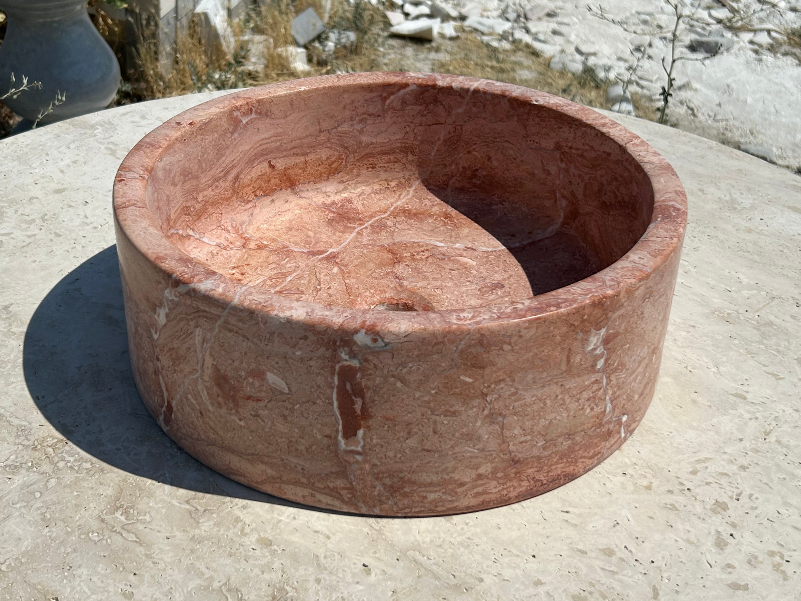 Red Travertine Round Sink, Vessel Marble Sink on top of Bathroom Vanity Sink Rustic Design for Farmhouse Powder Room