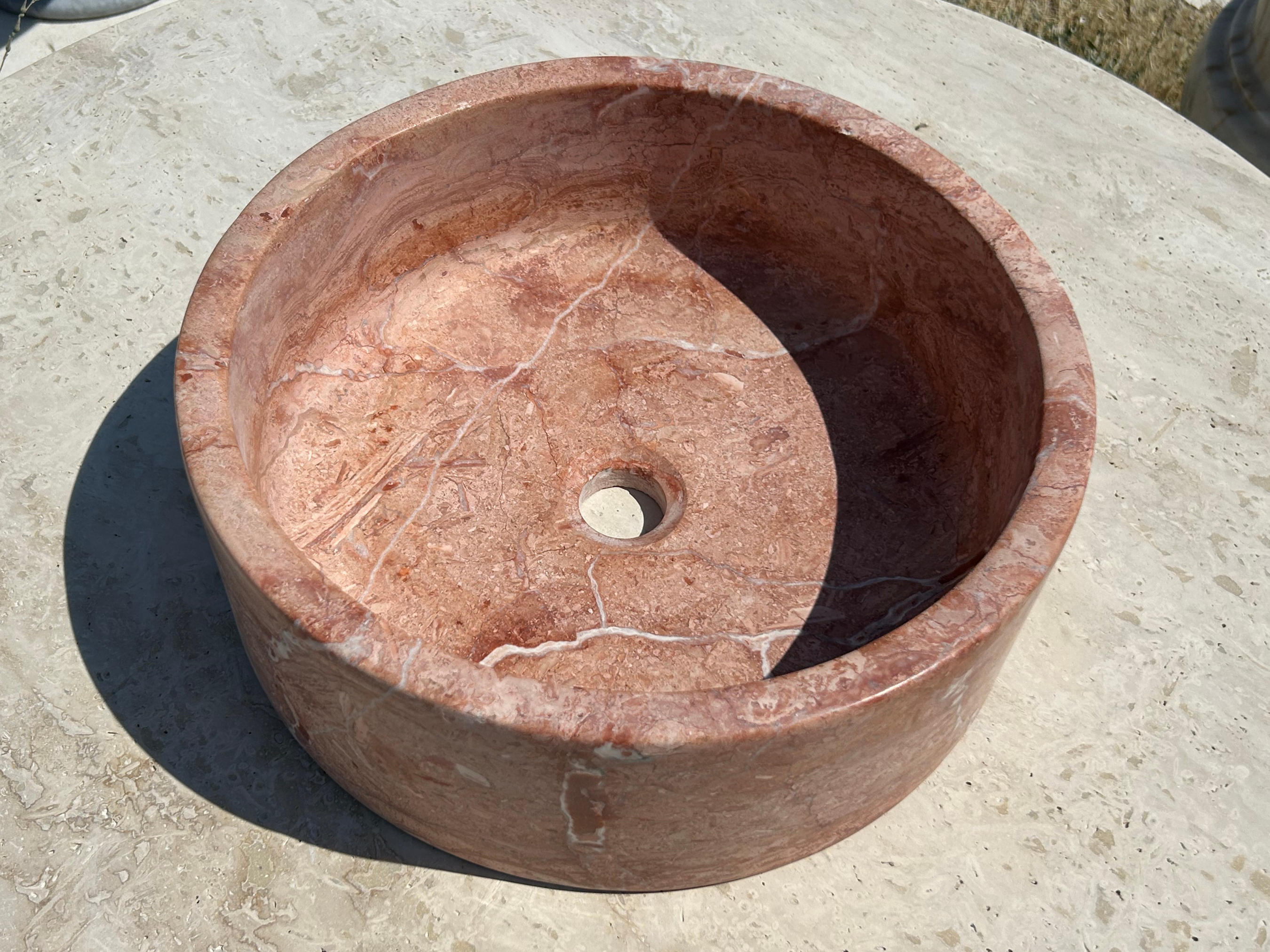 Red Travertine Round Sink, Vessel Marble Sink on top of Bathroom Vanity Sink Rustic Design for Farmhouse Powder Room