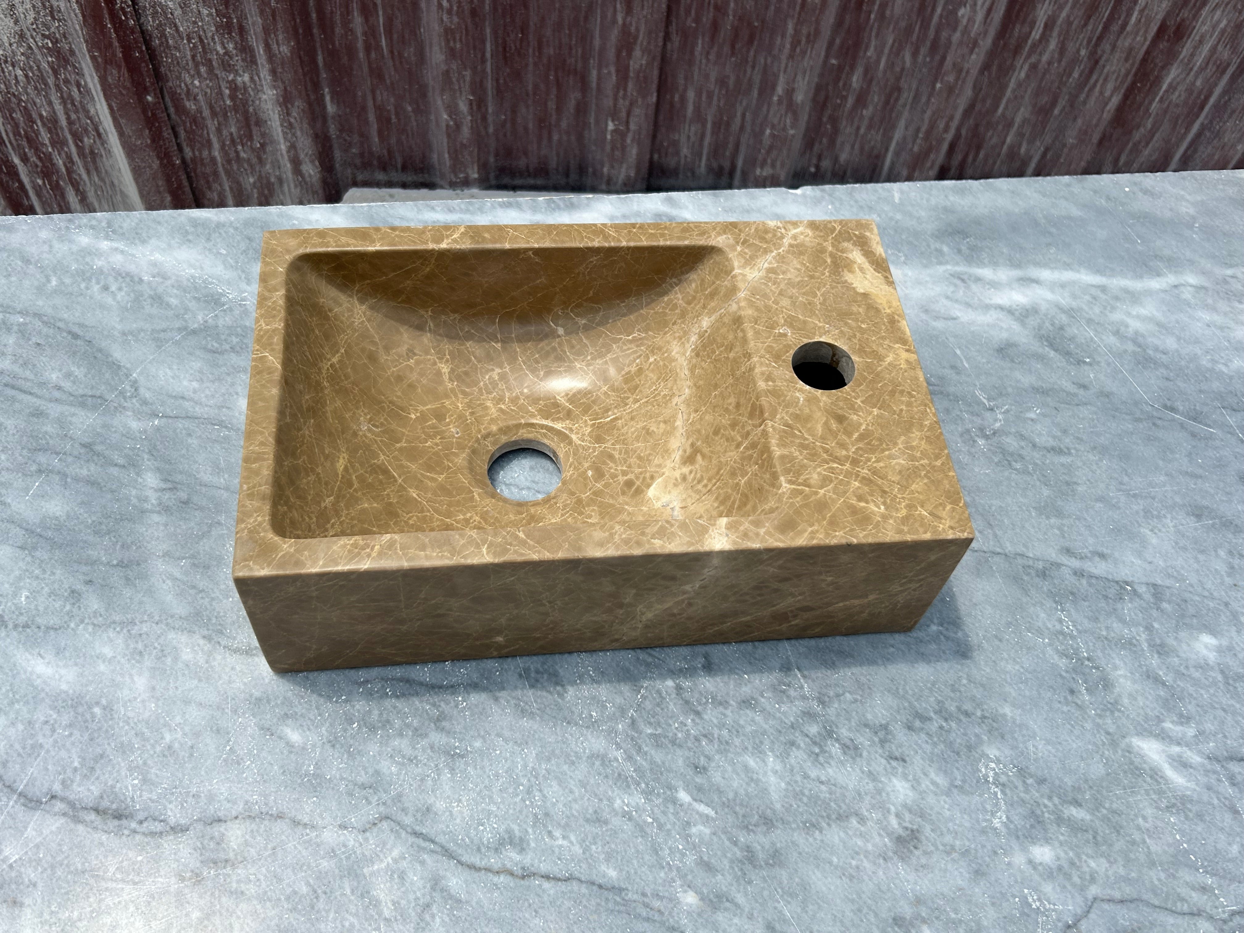 Corner Wall Small Bathroom Sink, Brown Marble Sink, Dark Emperador Stone Sink with Faucet Hole