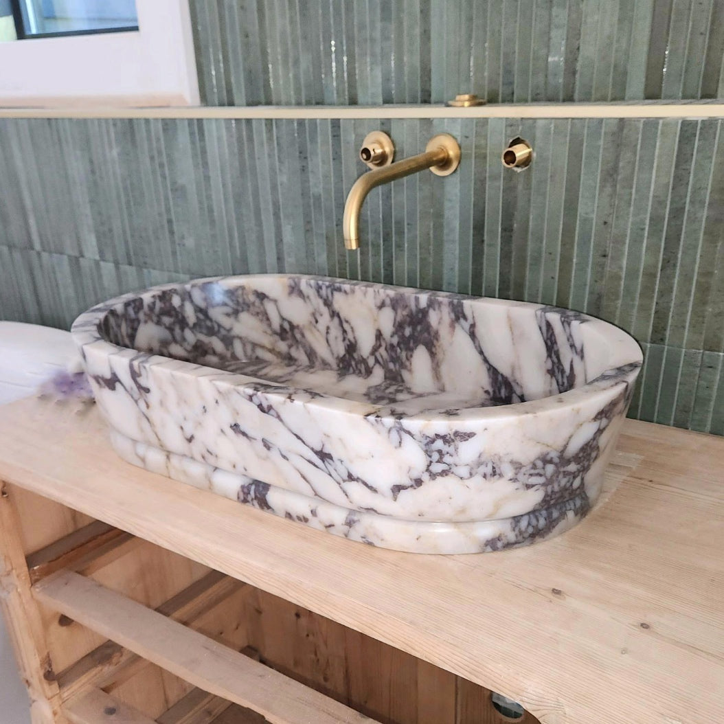 Calacatta Viola Antique Marble Sink, Marble Vessel Sink for Bathroom Vanity Top, Farmhouse Sink