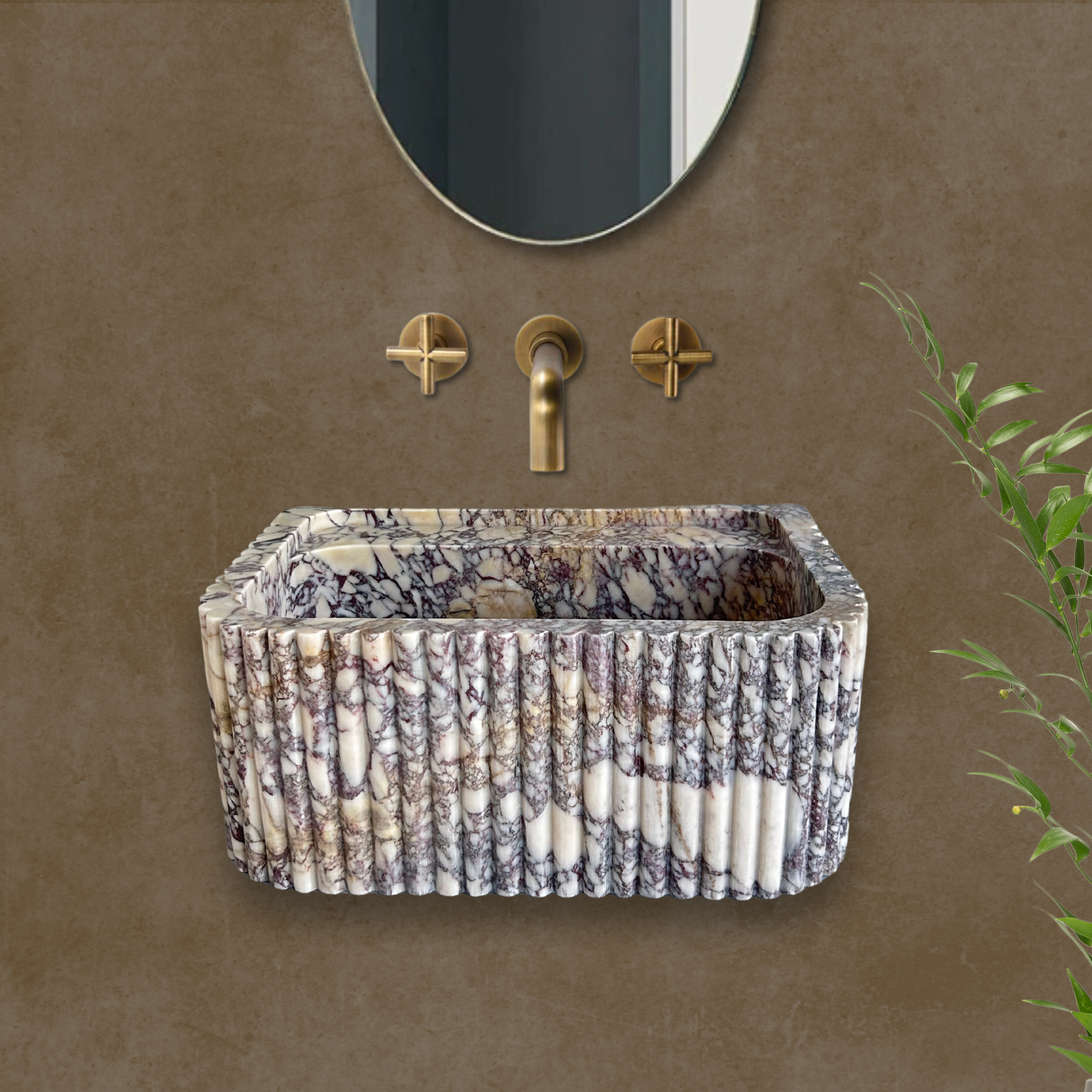 Calacatta Viola Sink, Wall Mount Sink, Fluted Marble Washbasin, Farmhouse Sink, Antique Marble Floating Vanity For Bathroom