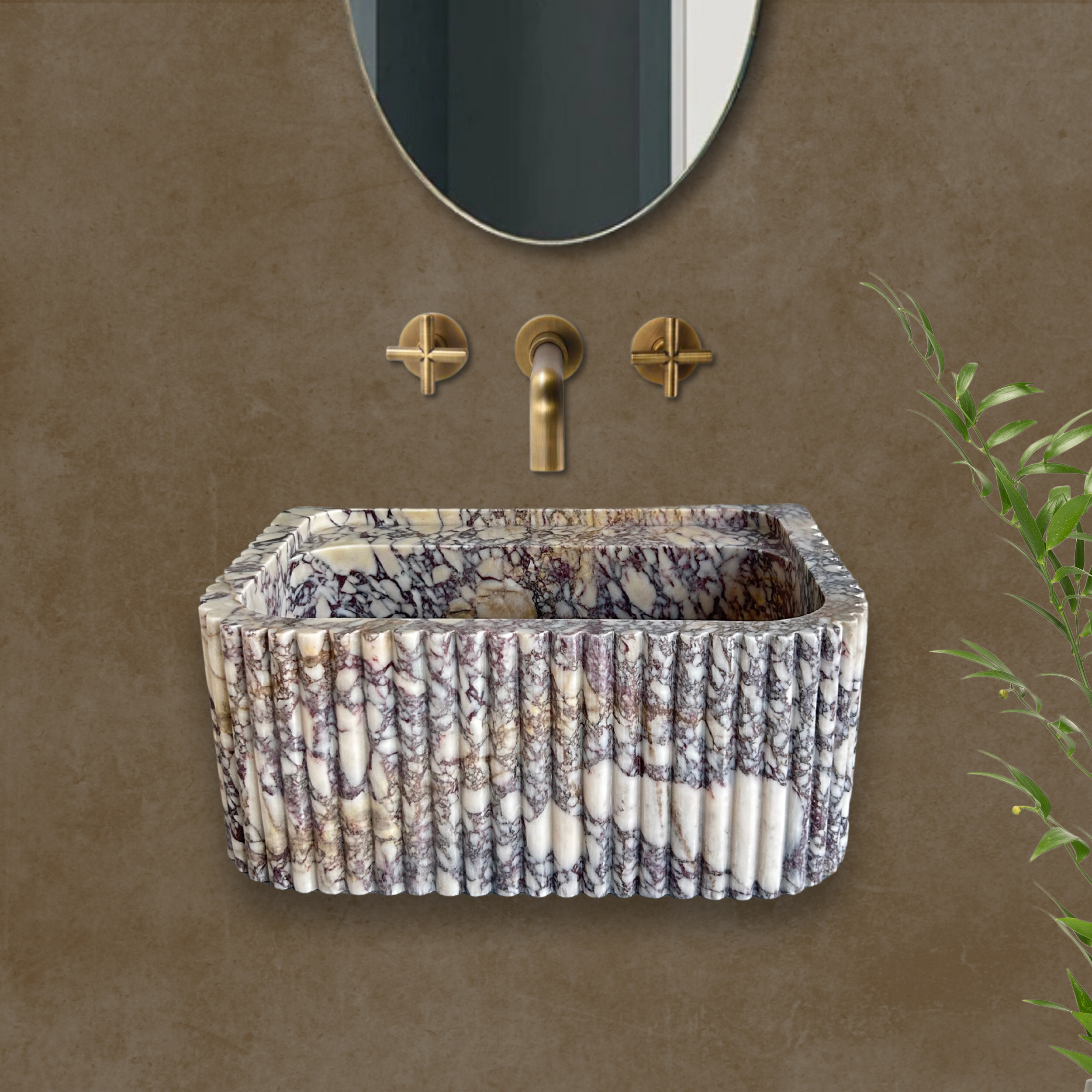 Calacatta Viola Sink, Wall Mount Sink, Fluted Marble Washbasin, Farmhouse Sink, Antique Marble Floating Vanity For Bathroom