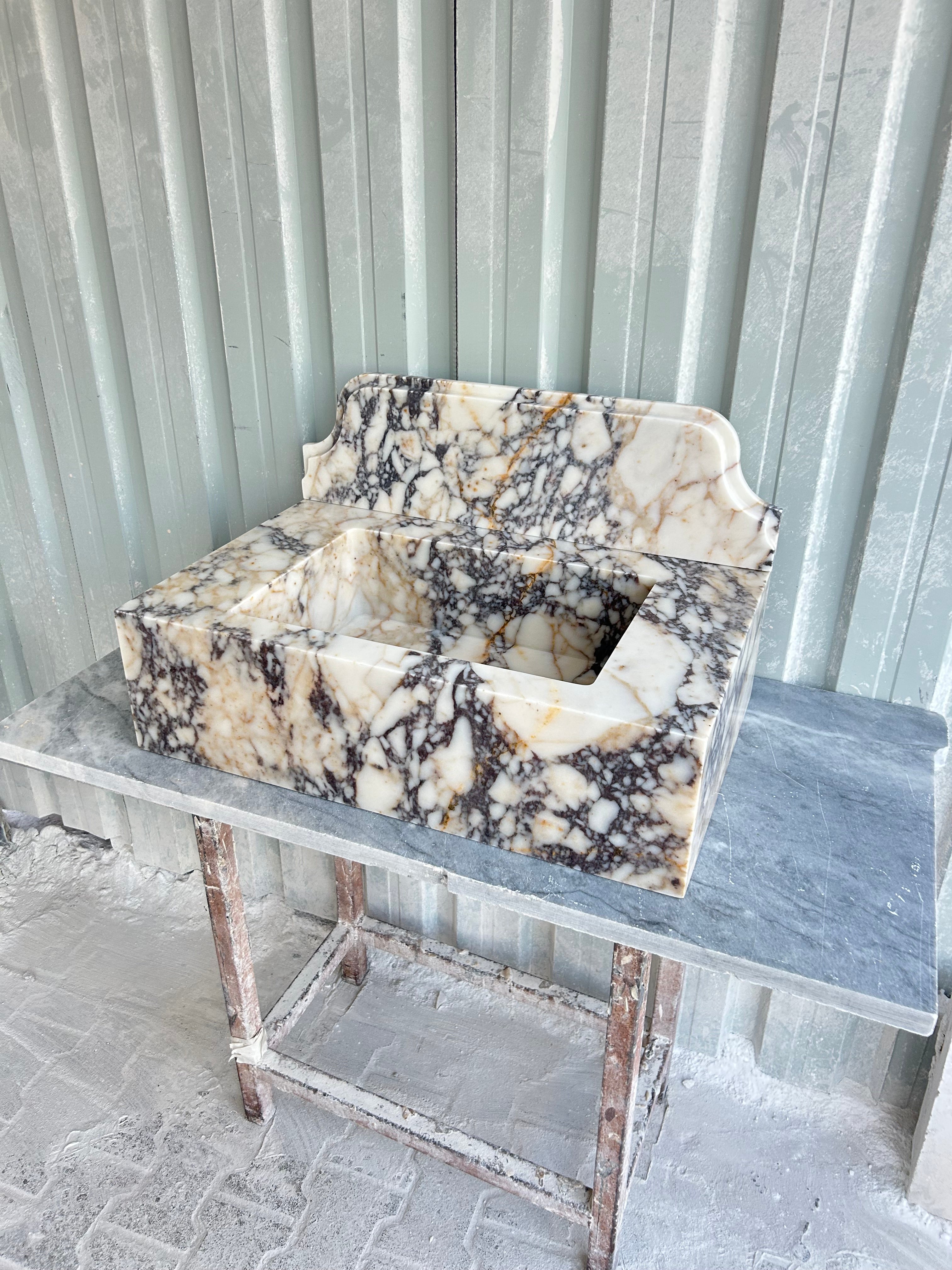 Calacatta Viola Wall Mount Sink, Marble Washbasin with Backsplash, Antique Marble Floating Vanity For Bathroom