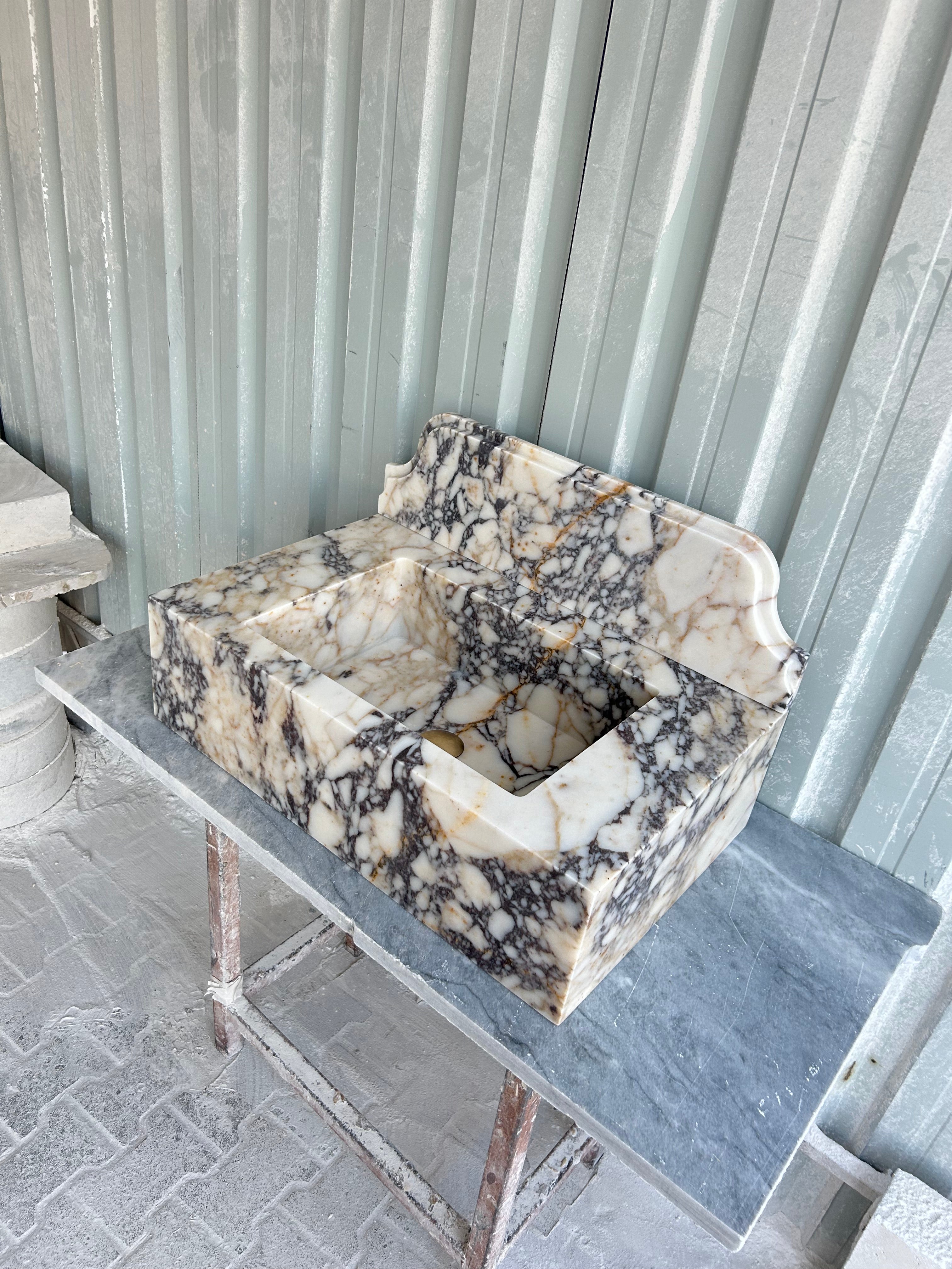 Calacatta Viola Wall Mount Sink, Marble Washbasin with Backsplash, Antique Marble Floating Vanity For Bathroom