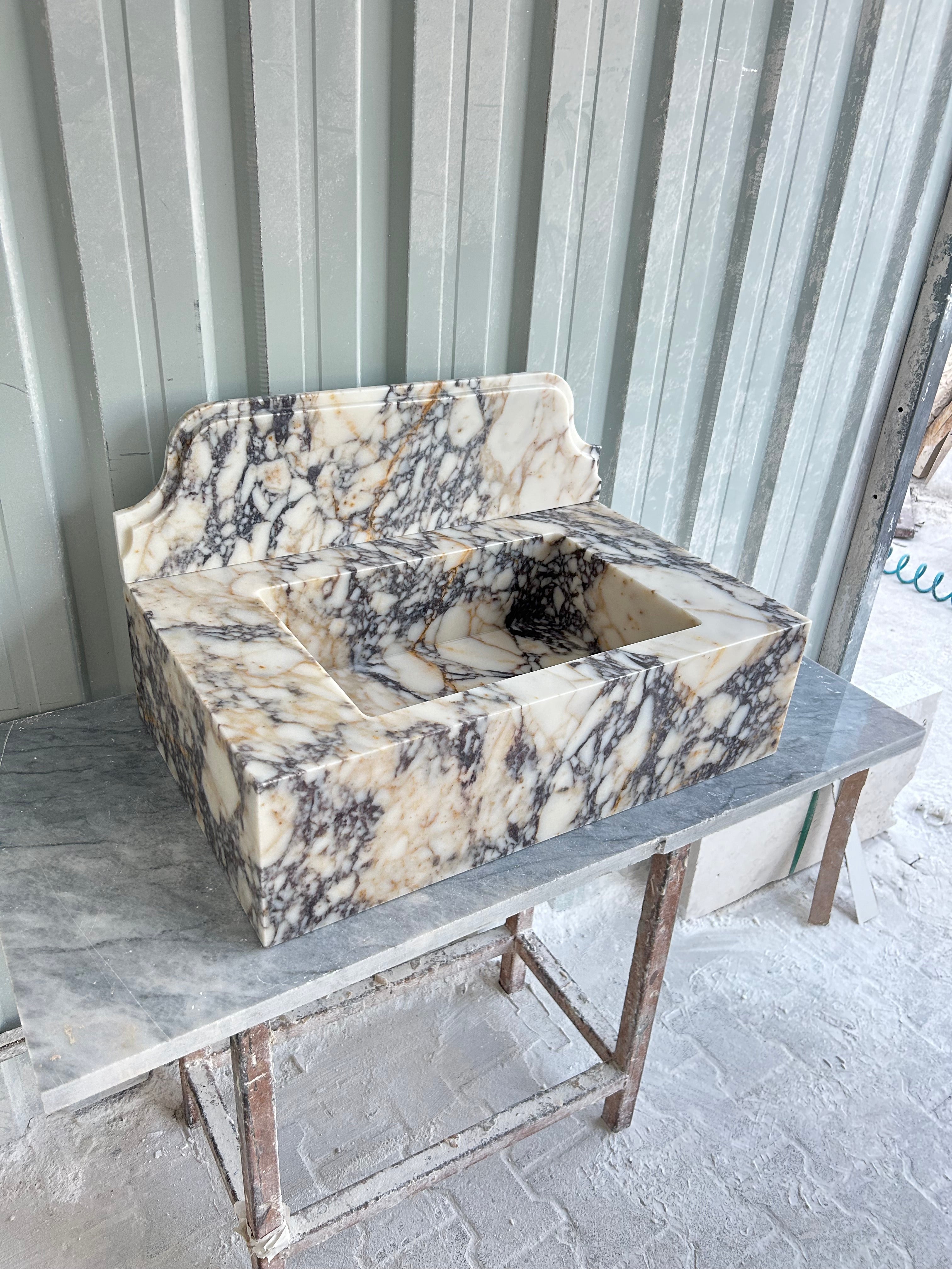 Calacatta Viola Wall Mount Sink, Marble Washbasin with Backsplash, Antique Marble Floating Vanity For Bathroom