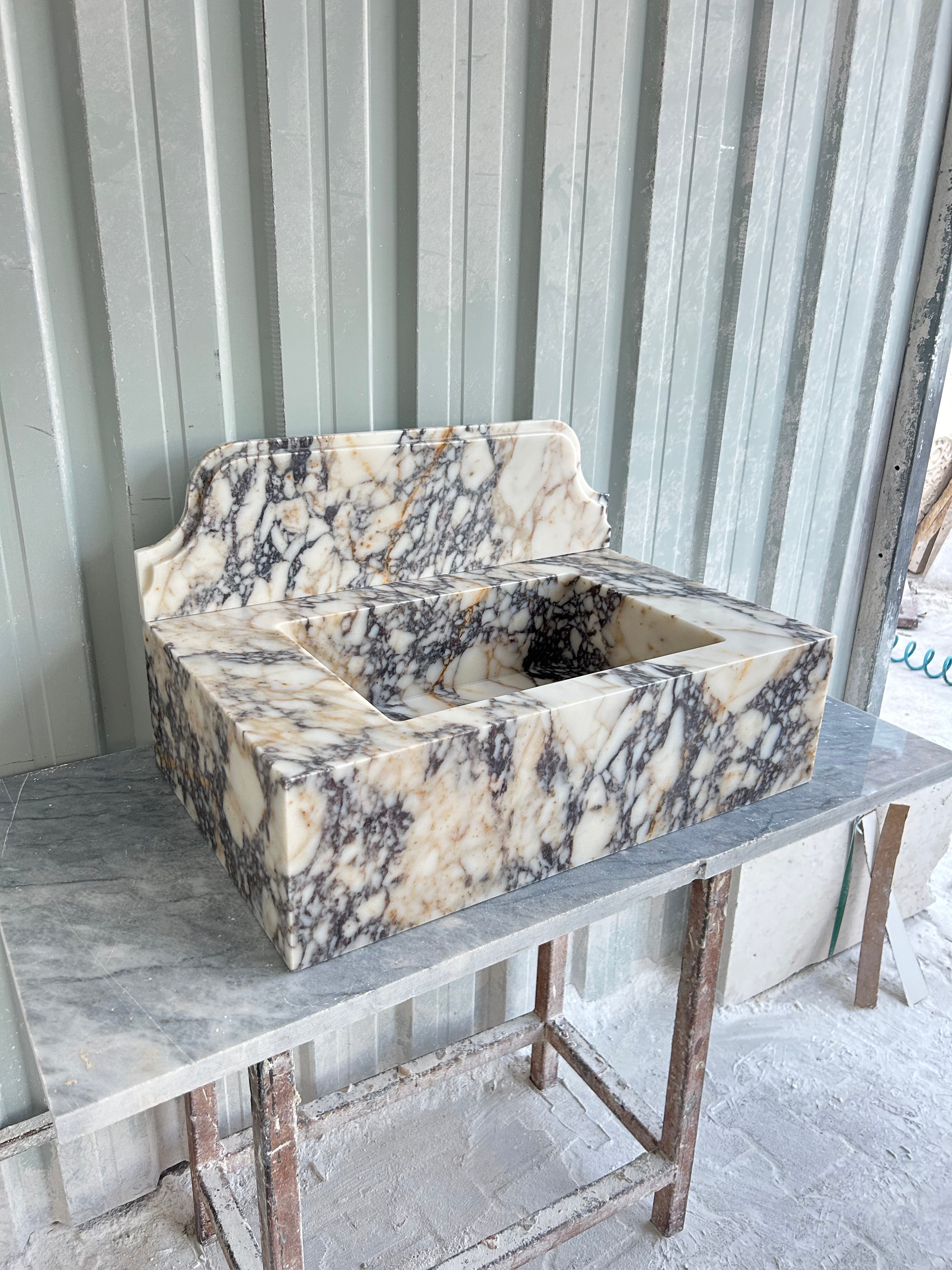 Calacatta Viola Wall Mount Sink, Marble Washbasin with Backsplash, Antique Marble Floating Vanity For Bathroom