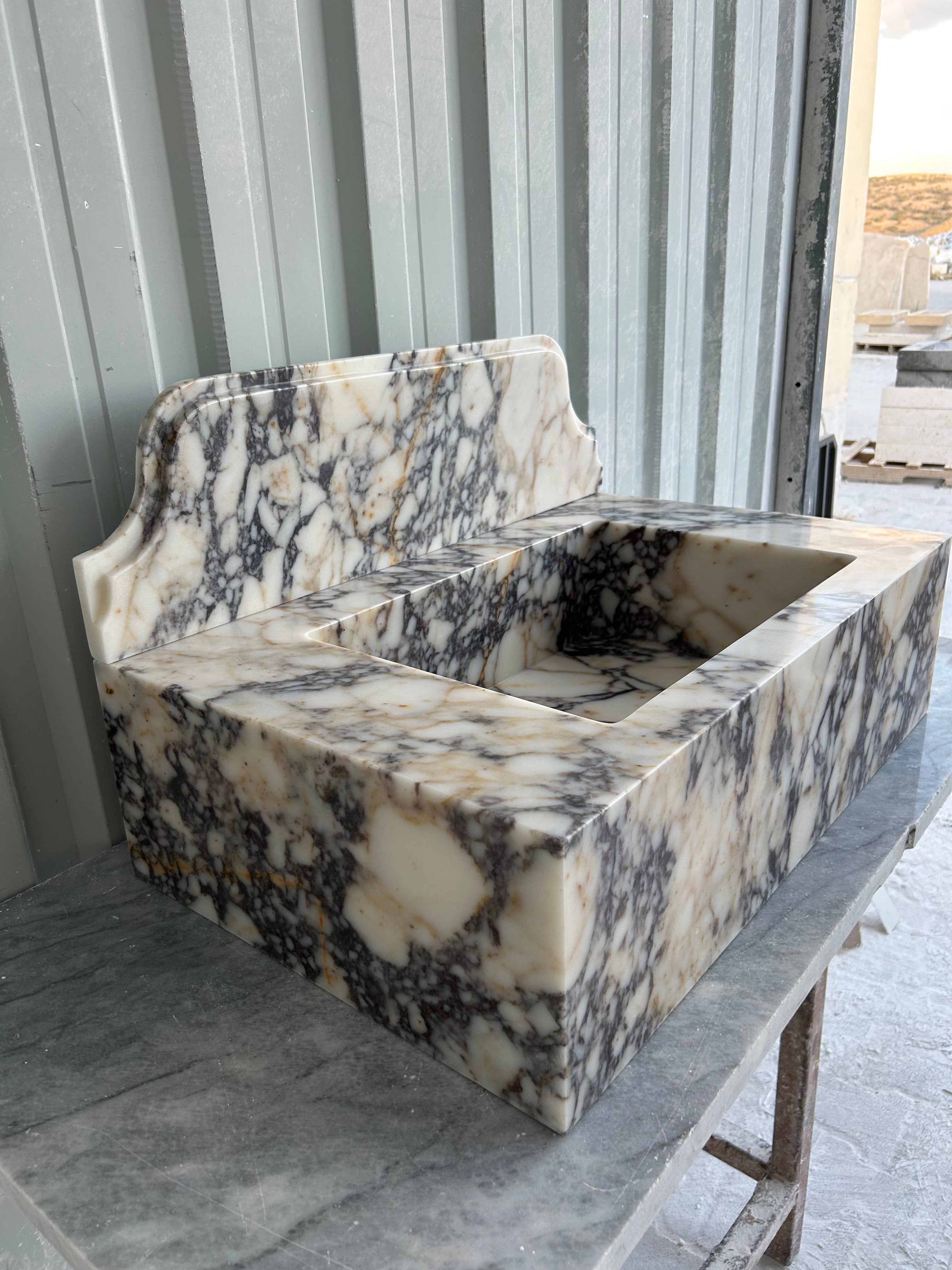 Calacatta Viola Wall Mount Sink, Marble Washbasin with Backsplash, Antique Marble Floating Vanity For Bathroom