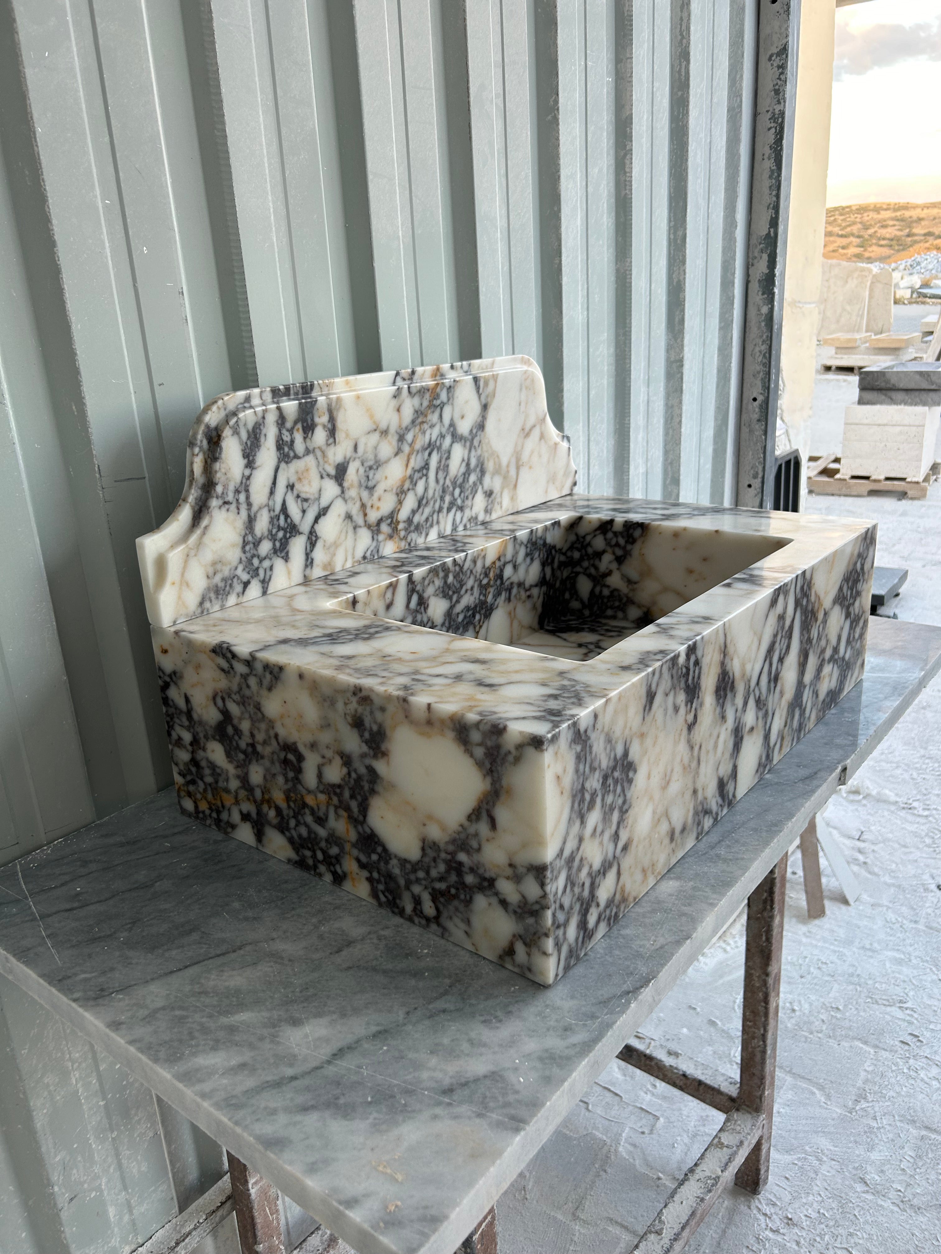 Calacatta Viola Wall Mount Sink, Marble Washbasin with Backsplash, Antique Marble Floating Vanity For Bathroom