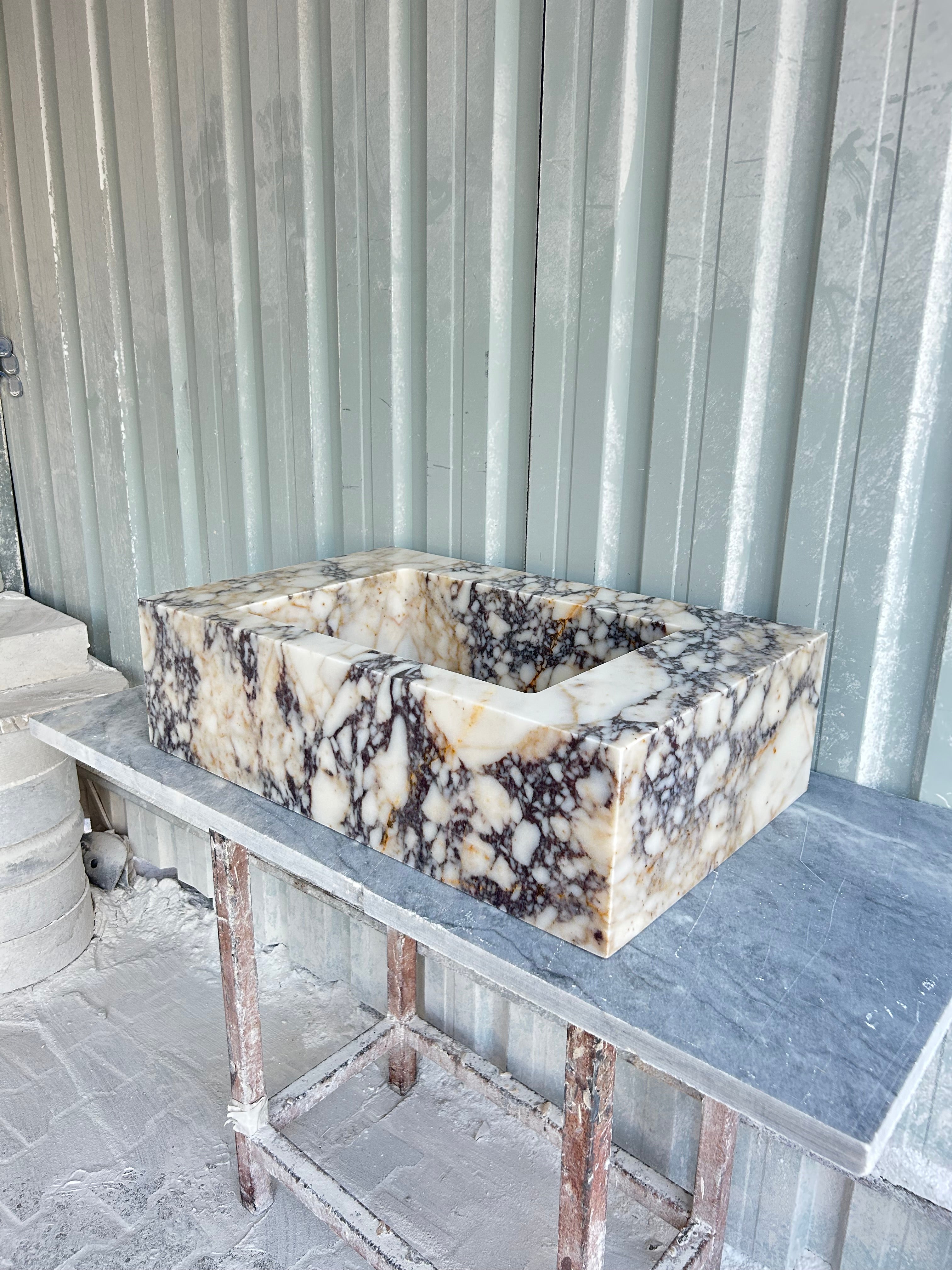 Calacatta Viola Wall Mount Sink, Marble Washbasin, Farmhouse Sink, Antique Marble Floating Vanity For Bathroom