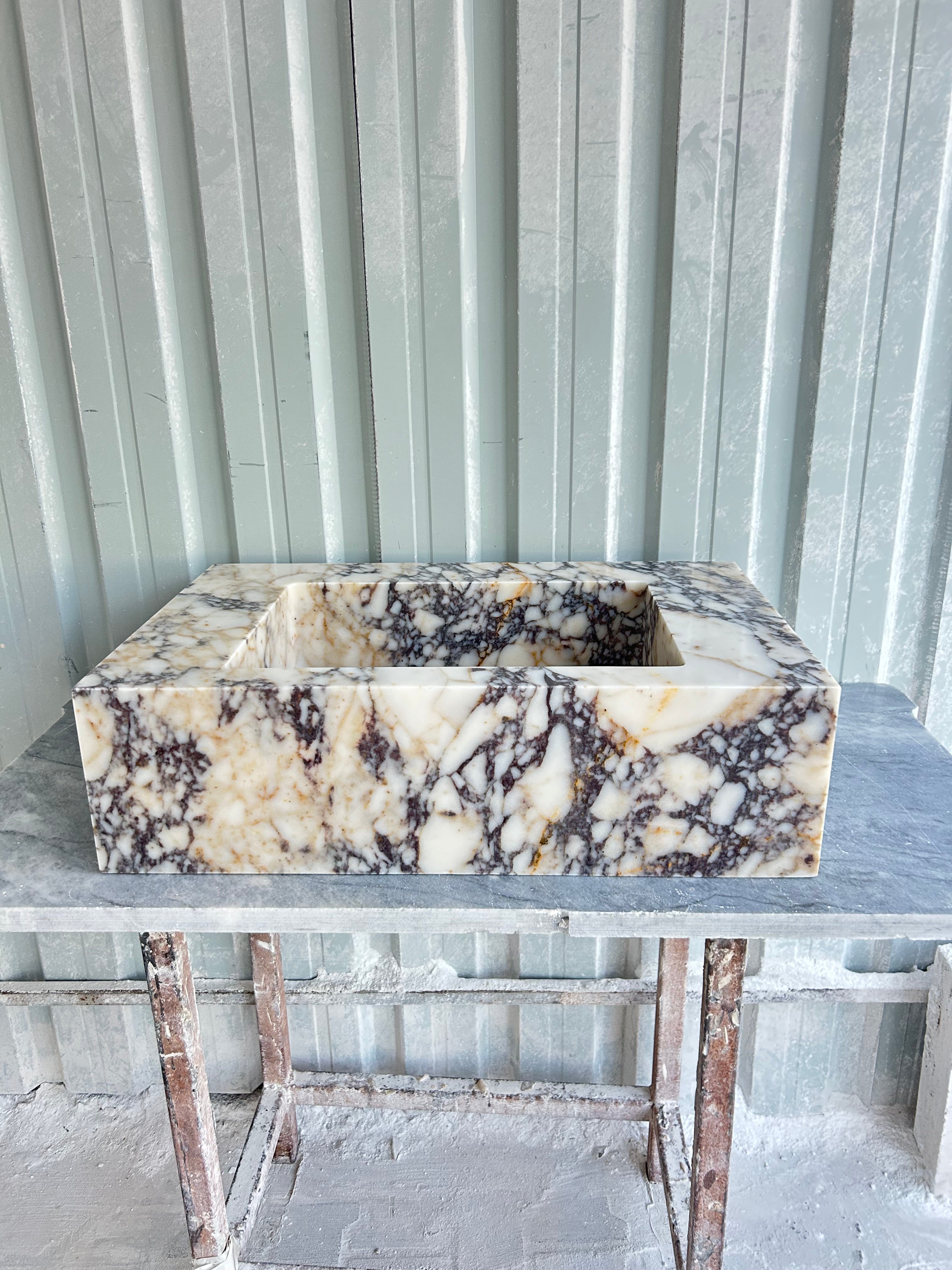 Calacatta Viola Wall Mount Sink, Marble Washbasin, Farmhouse Sink, Antique Marble Floating Vanity For Bathroom