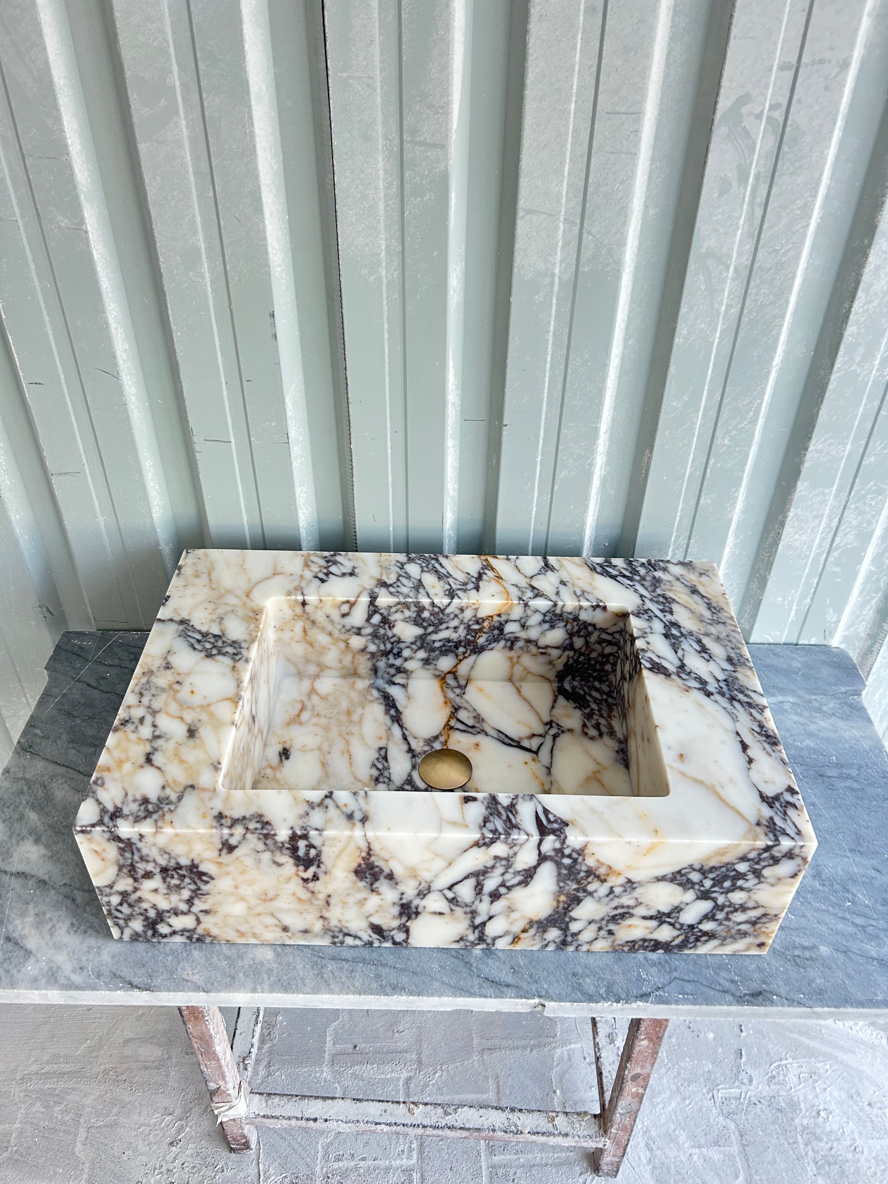 Calacatta Viola Wall Mount Sink, Marble Washbasin, Farmhouse Sink, Antique Marble Floating Vanity For Bathroom