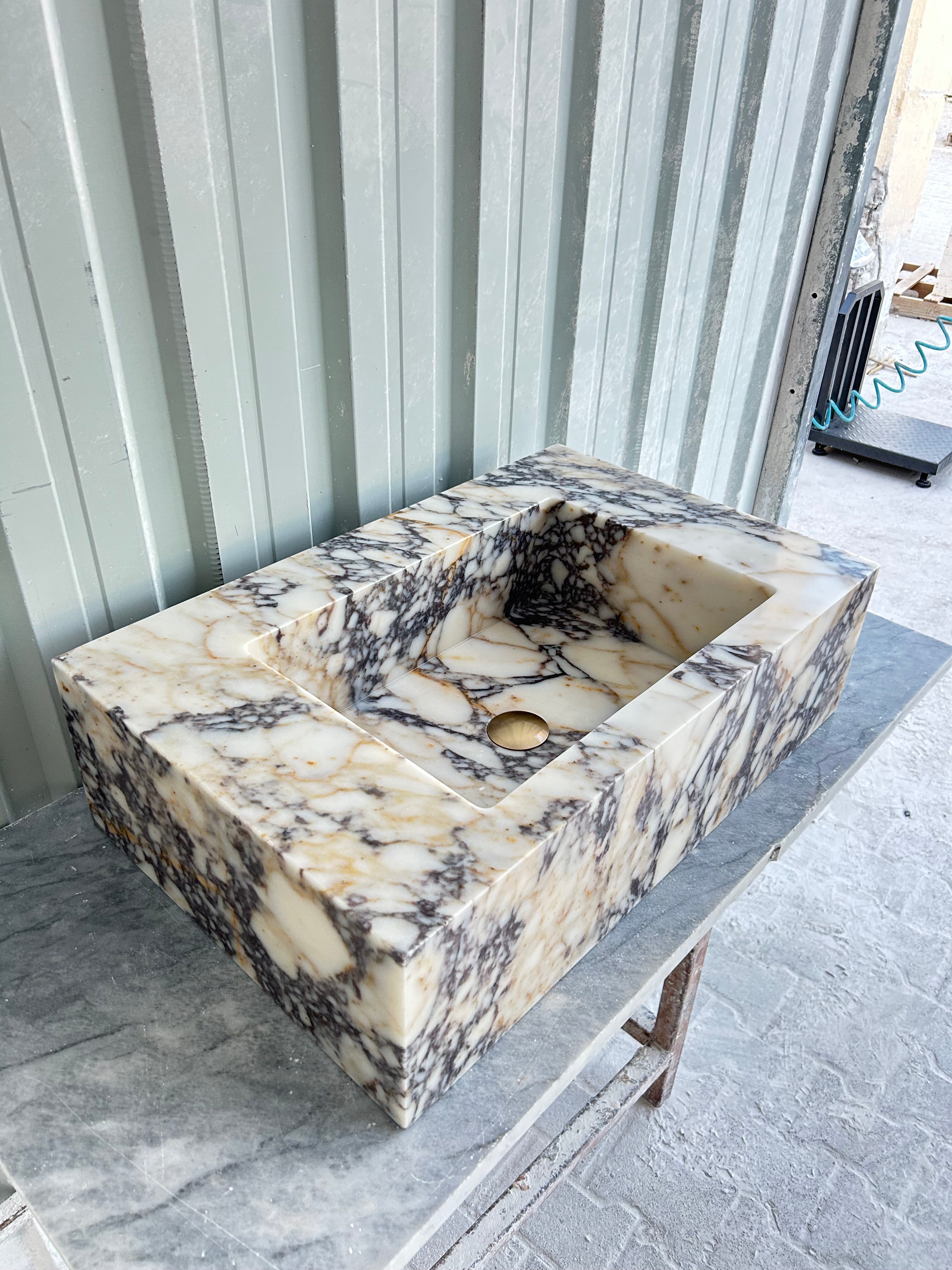 Calacatta Viola Wall Mount Sink, Marble Washbasin, Farmhouse Sink, Antique Marble Floating Vanity For Bathroom