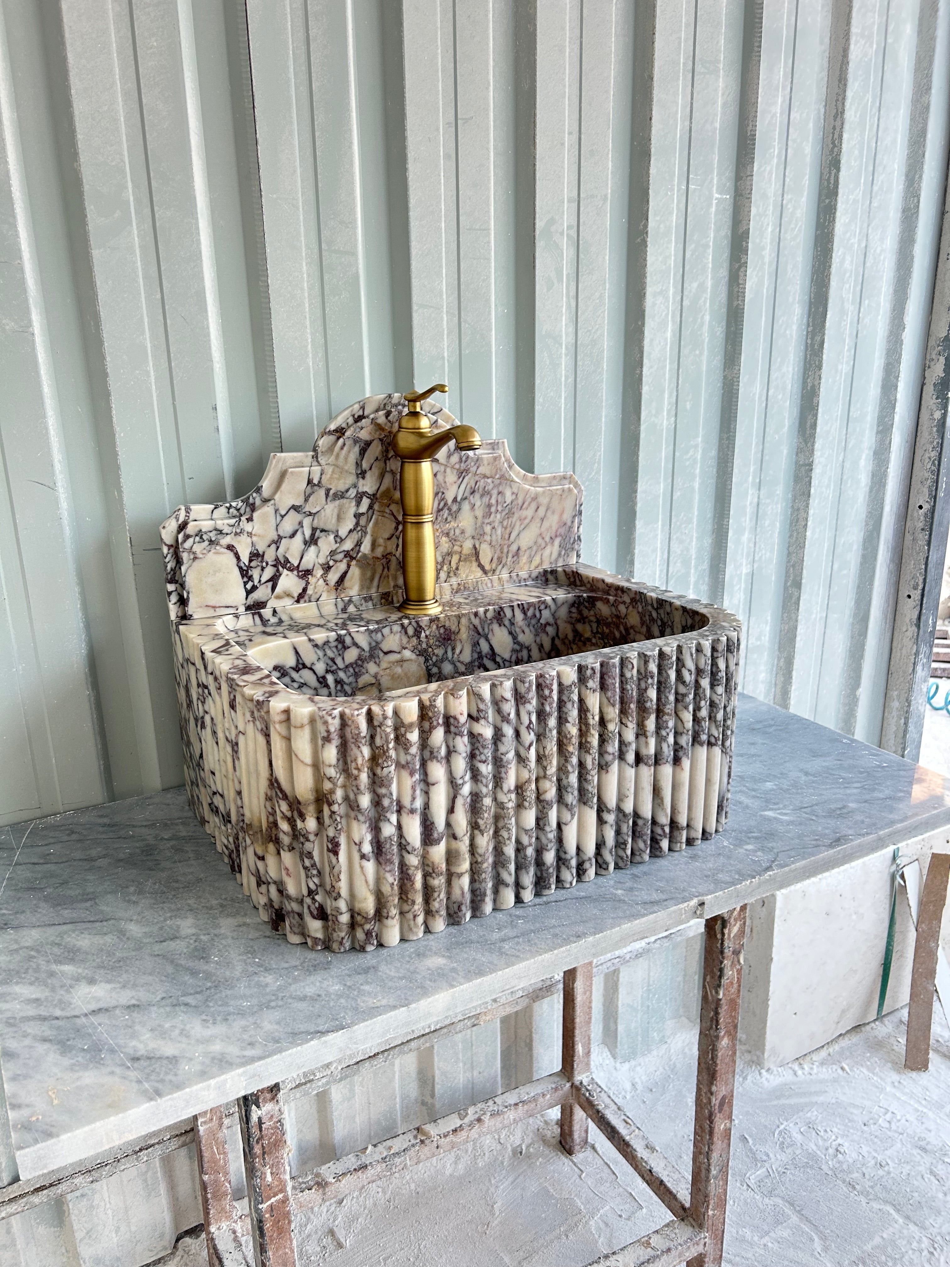 Calacatta Viola Wall Mount Sink, Fluted Marble Washbasin with Backsplash, Antique Marble Floating Vanity For Bathroom