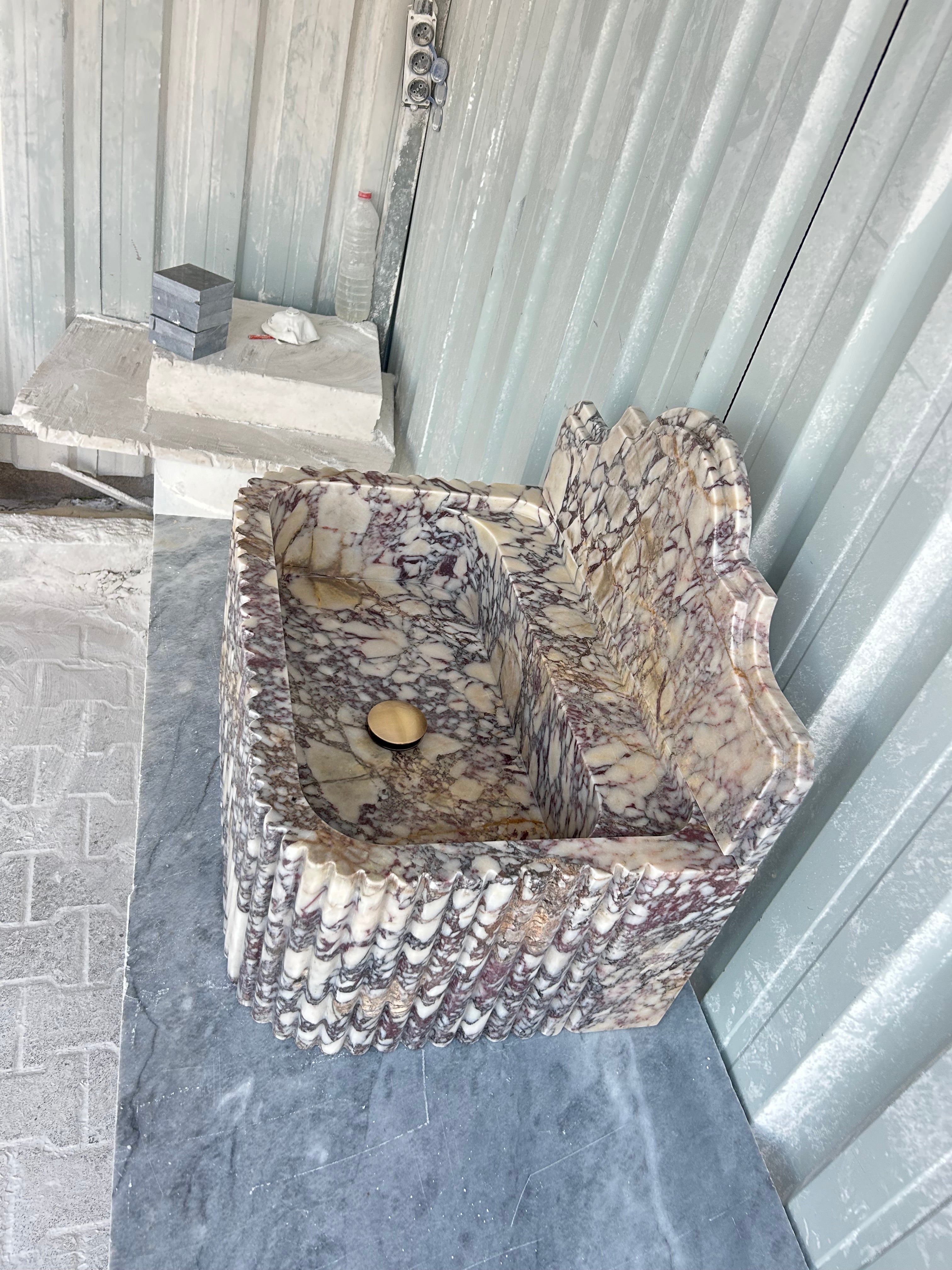 Calacatta Viola Wall Mount Sink, Fluted Marble Washbasin with Backsplash, Antique Marble Floating Vanity For Bathroom