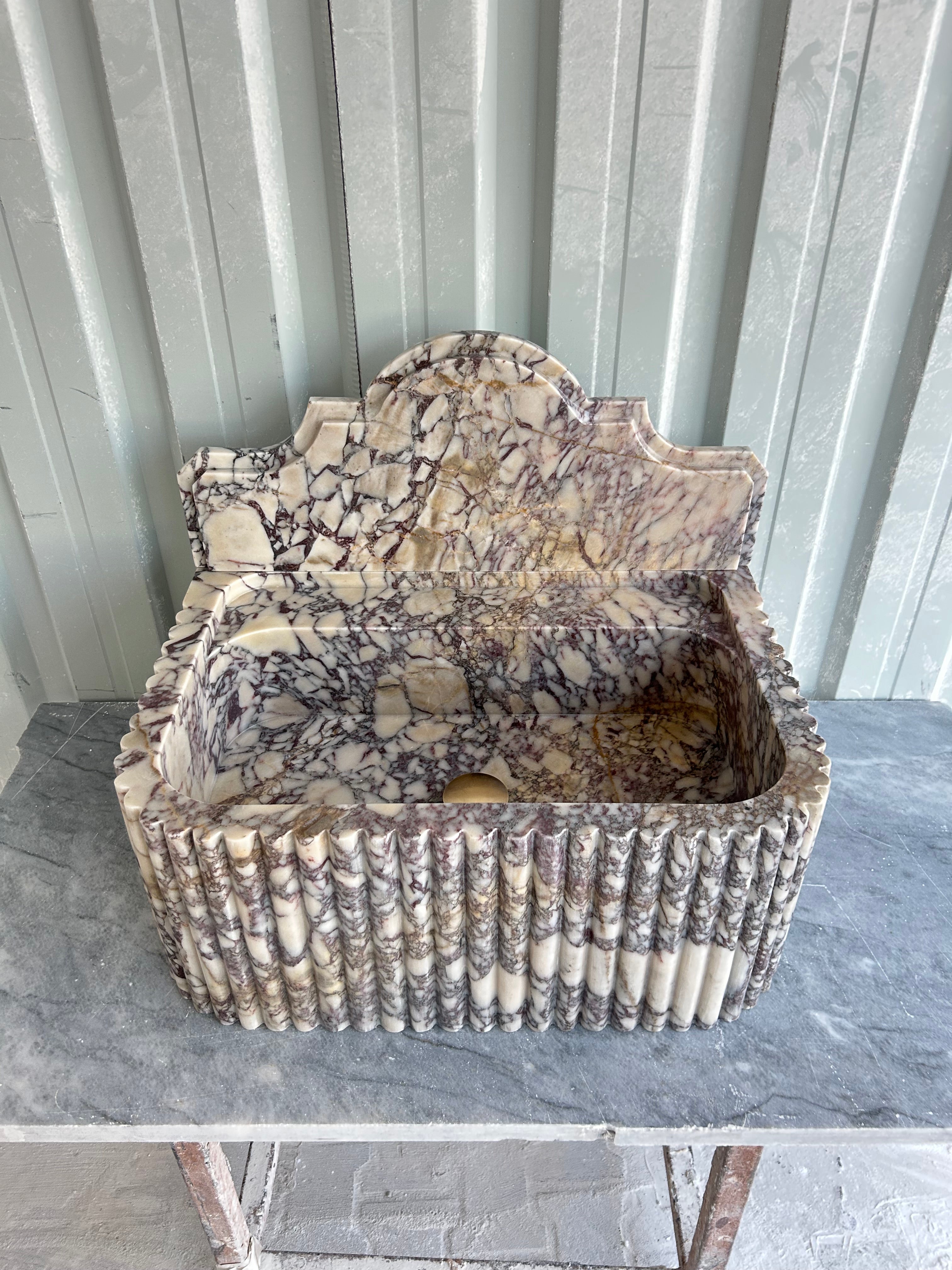 Calacatta Viola Wall Mount Sink, Fluted Marble Washbasin with Backsplash, Antique Marble Floating Vanity For Bathroom