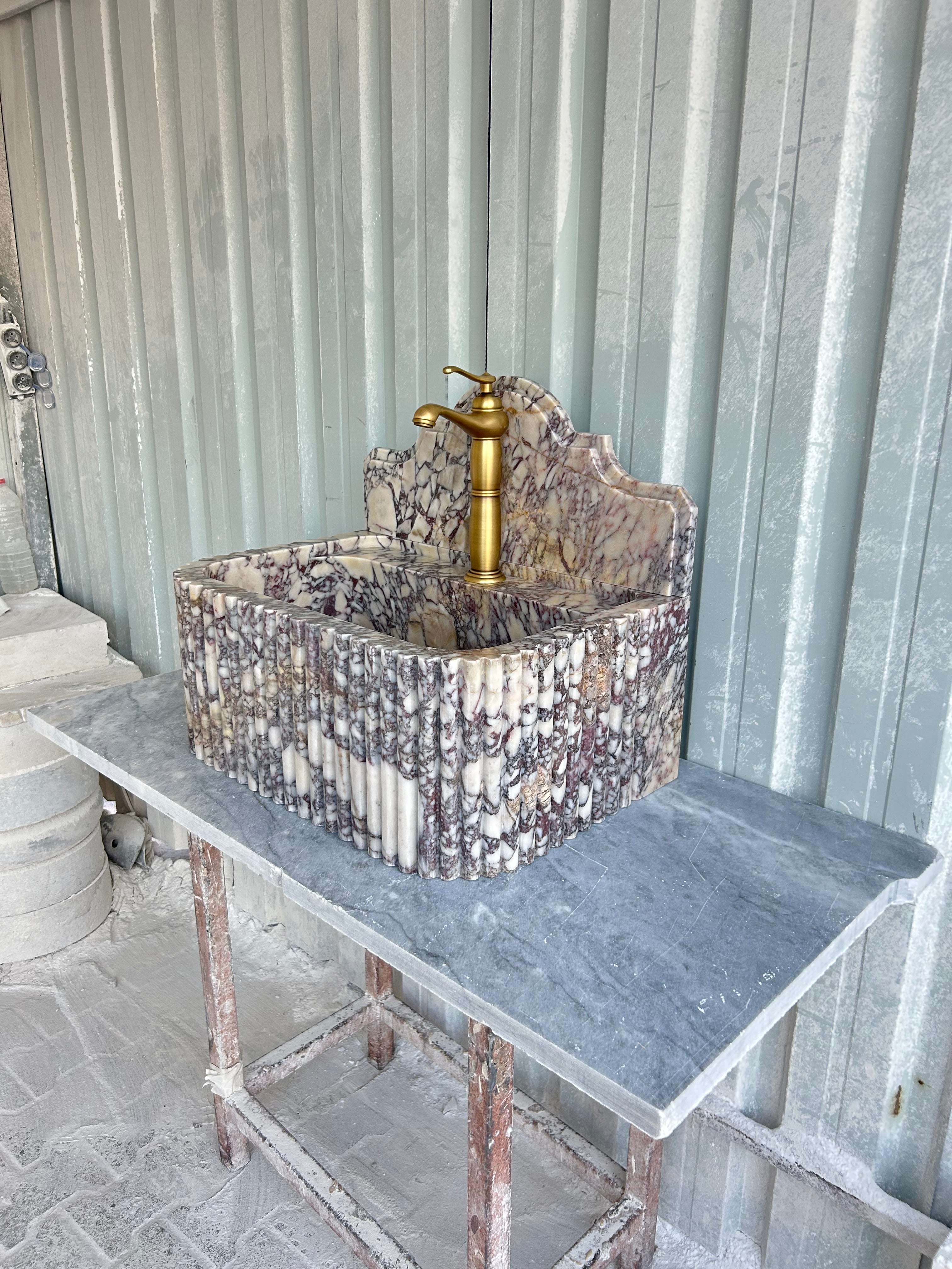 Calacatta Viola Wall Mount Sink, Fluted Marble Washbasin with Backsplash, Antique Marble Floating Vanity For Bathroom