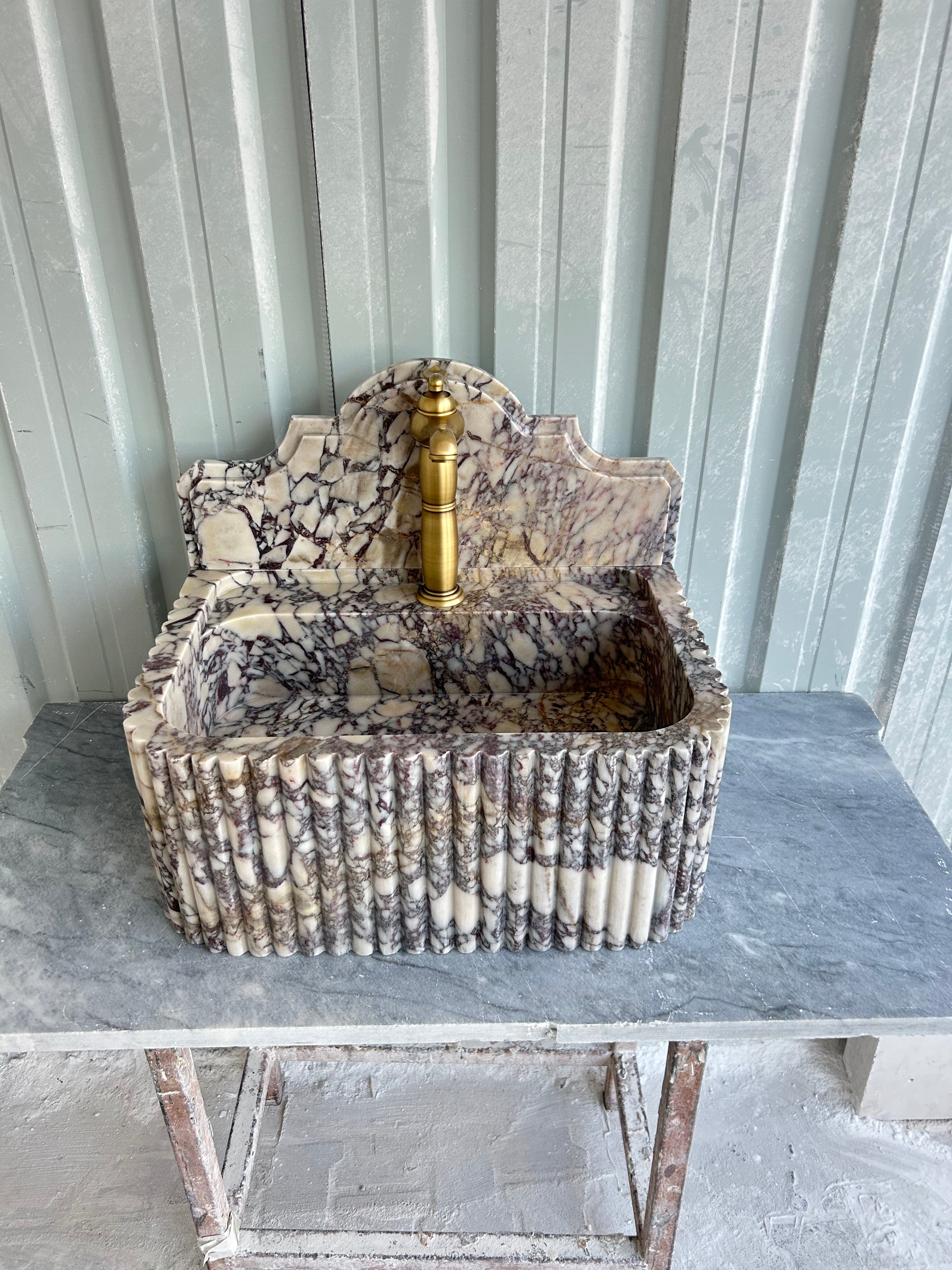 Calacatta Viola Wall Mount Sink, Fluted Marble Washbasin with Backsplash, Antique Marble Floating Vanity For Bathroom