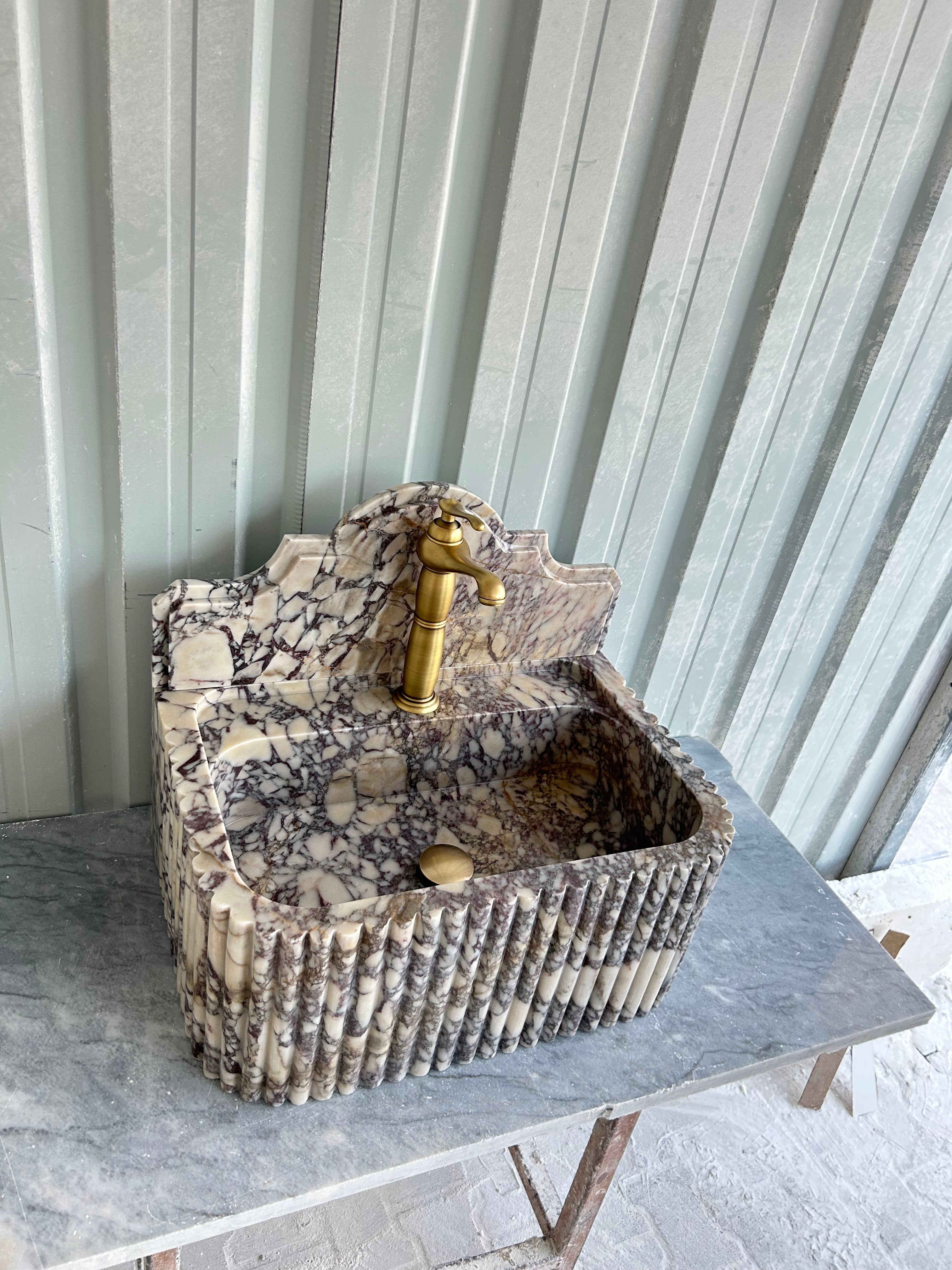 Calacatta Viola Wall Mount Sink, Fluted Marble Washbasin with Backsplash, Antique Marble Floating Vanity For Bathroom