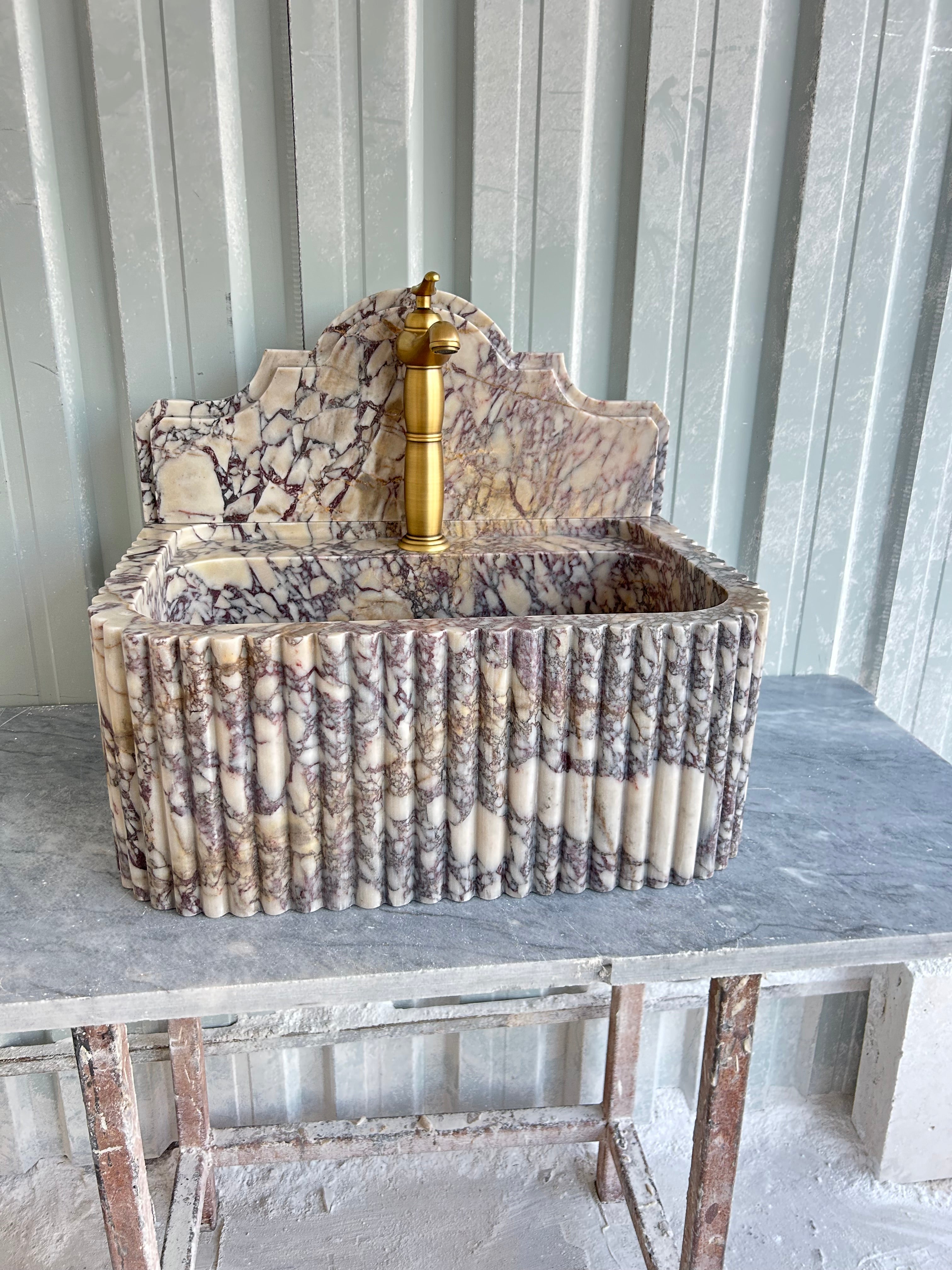 Calacatta Viola Wall Mount Sink, Fluted Marble Washbasin with Backsplash, Antique Marble Floating Vanity For Bathroom