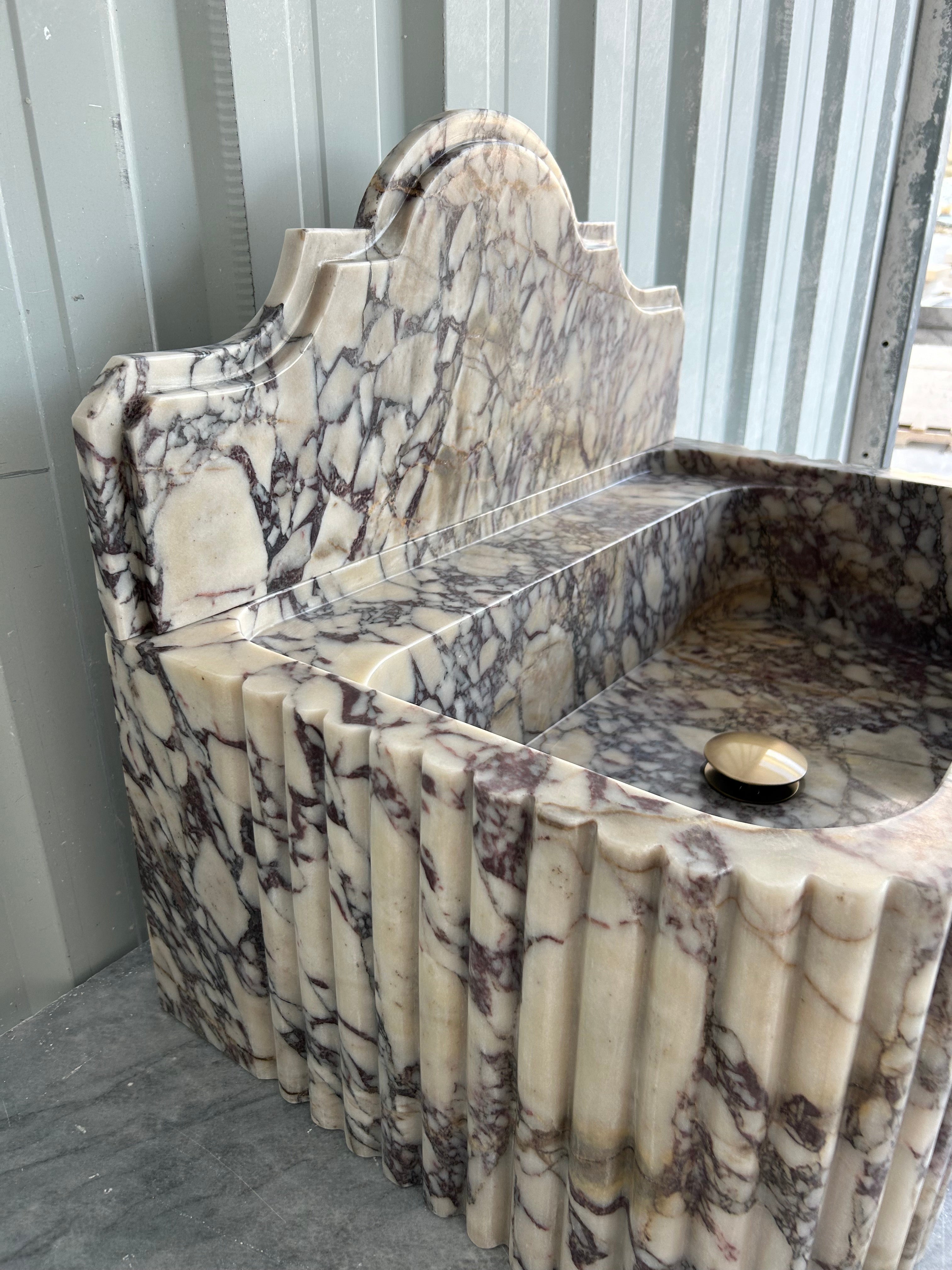 Calacatta Viola Wall Mount Sink, Fluted Marble Washbasin with Backsplash, Antique Marble Floating Vanity For Bathroom