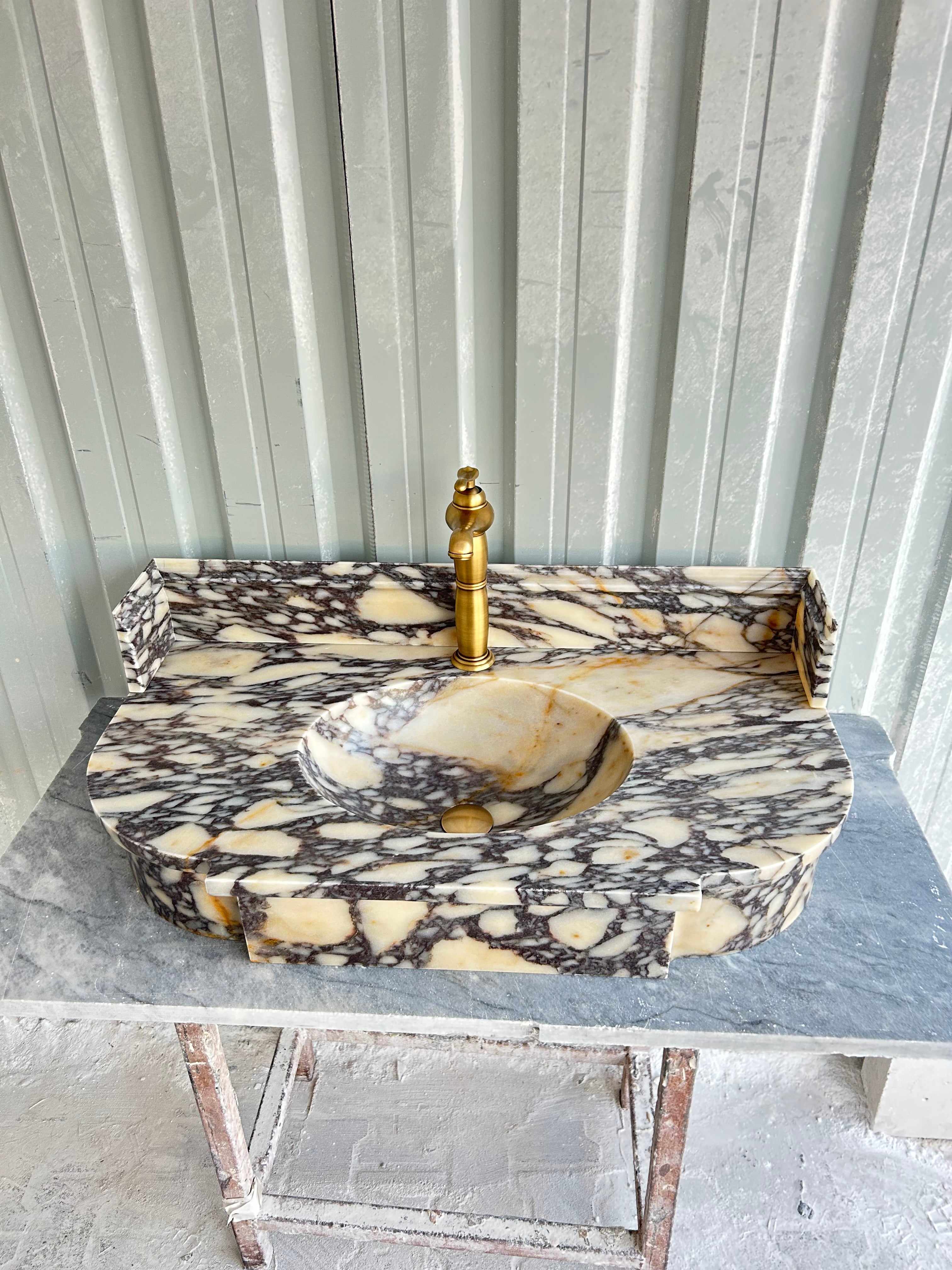 Calacatta Viola Antique Wall Mount Sink, Marble Washbasin with Backsplash, Classical Marble Floating Vanity For Bathroom
