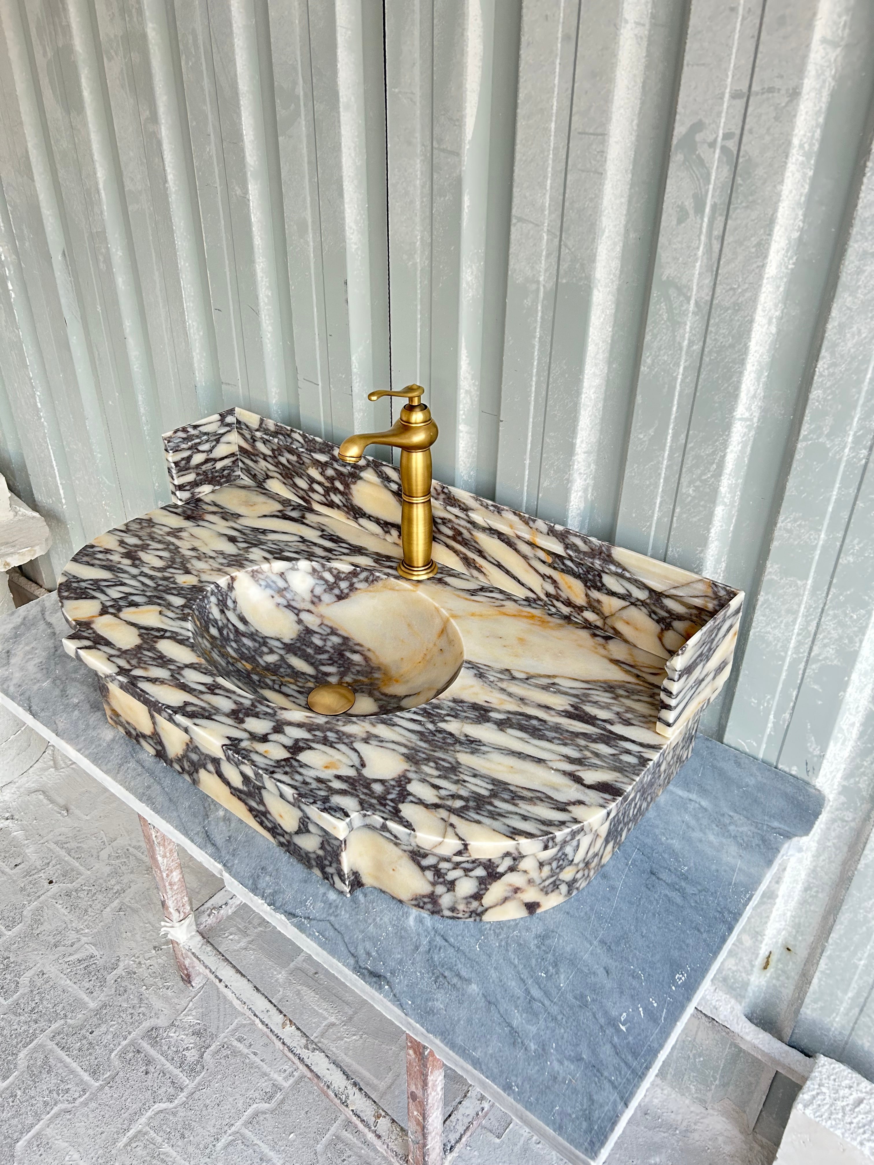 Calacatta Viola Antique Wall Mount Sink, Marble Washbasin with Backsplash, Classical Marble Floating Vanity For Bathroom