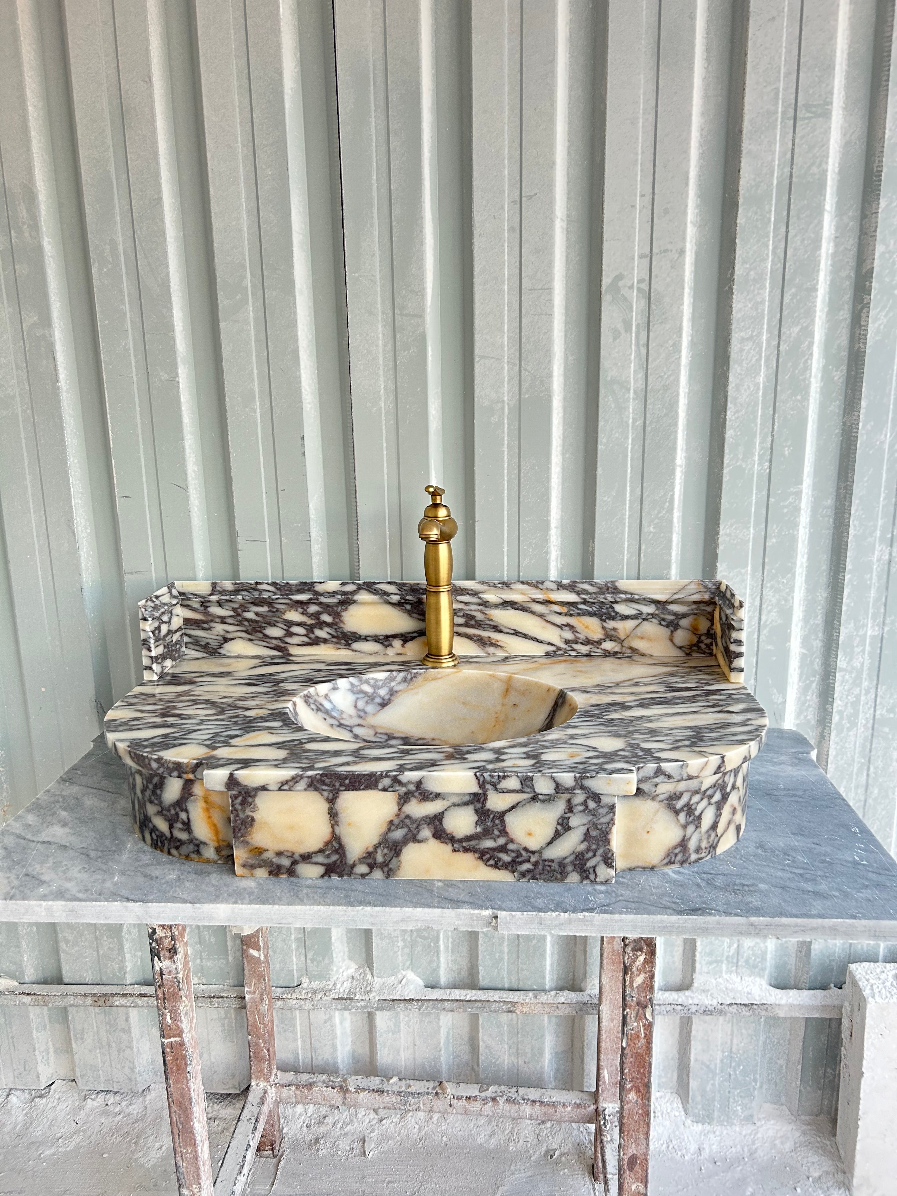 Calacatta Viola Antique Wall Mount Sink, Marble Washbasin with Backsplash, Classical Marble Floating Vanity For Bathroom