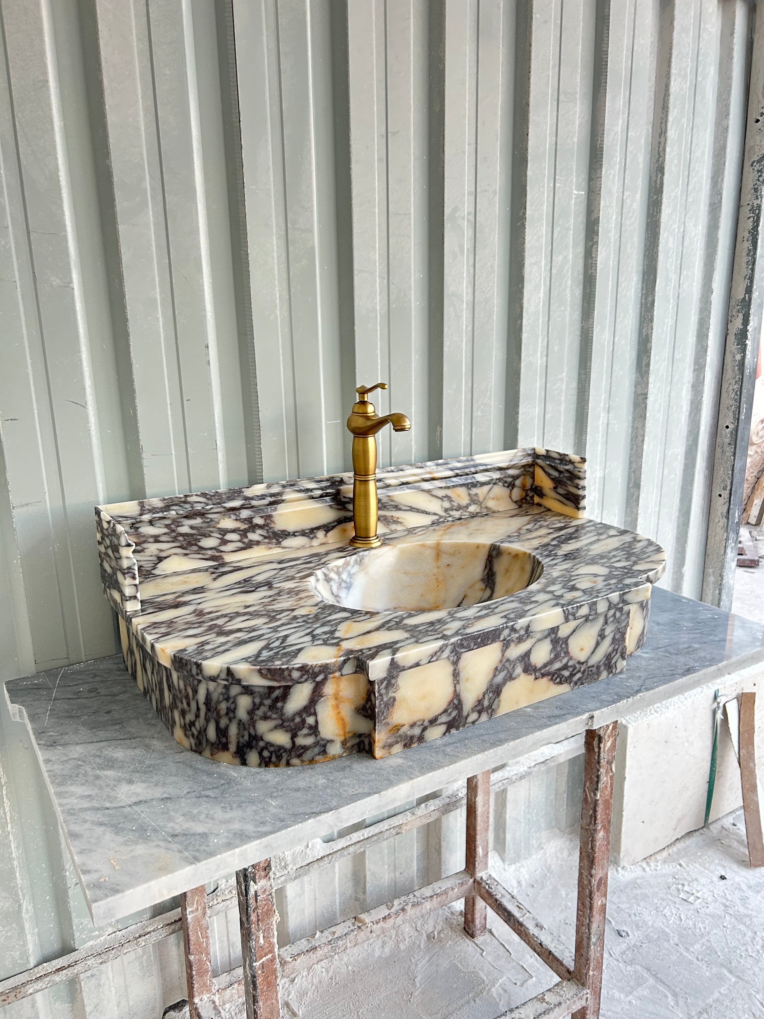 Calacatta Viola Antique Wall Mount Sink, Marble Washbasin with Backsplash, Classical Marble Floating Vanity For Bathroom
