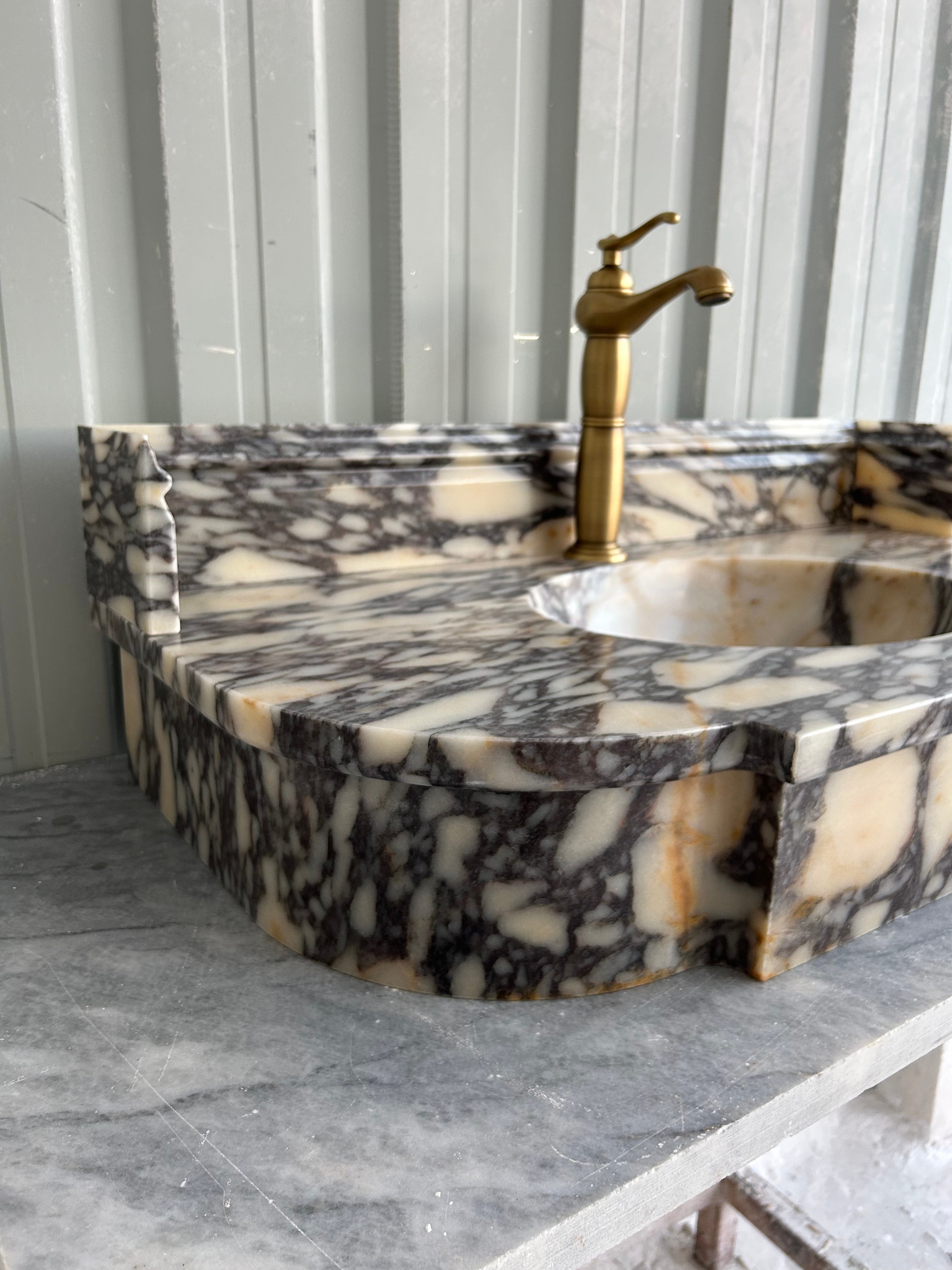 Calacatta Viola Antique Wall Mount Sink, Marble Washbasin with Backsplash, Classical Marble Floating Vanity For Bathroom