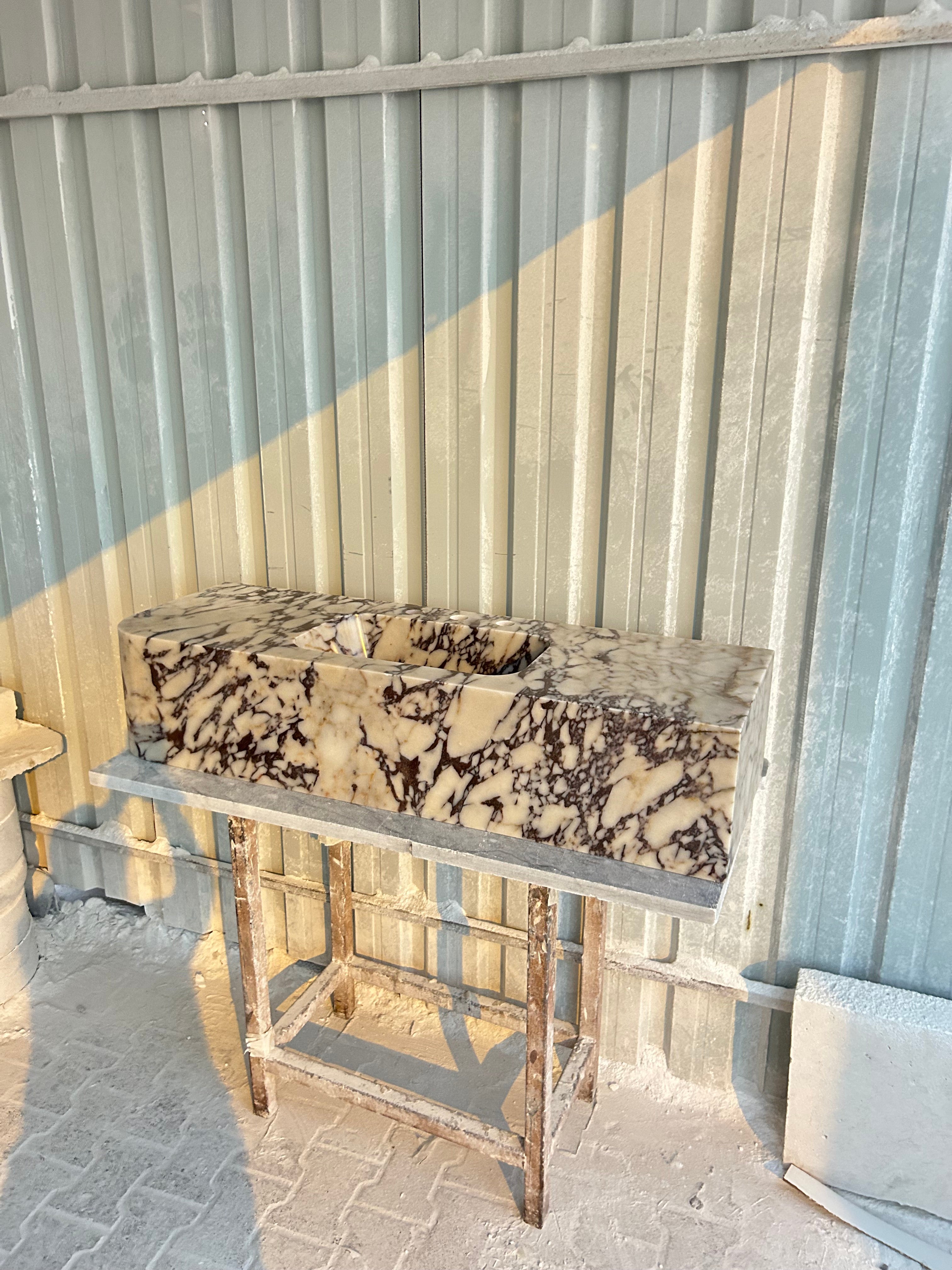 Calacatta Viola Right Corner Sink, Wall Mount Sink, Farmhouse Sink, Marble Washbasin, Antique Marble Floating Vanity For Bathroom