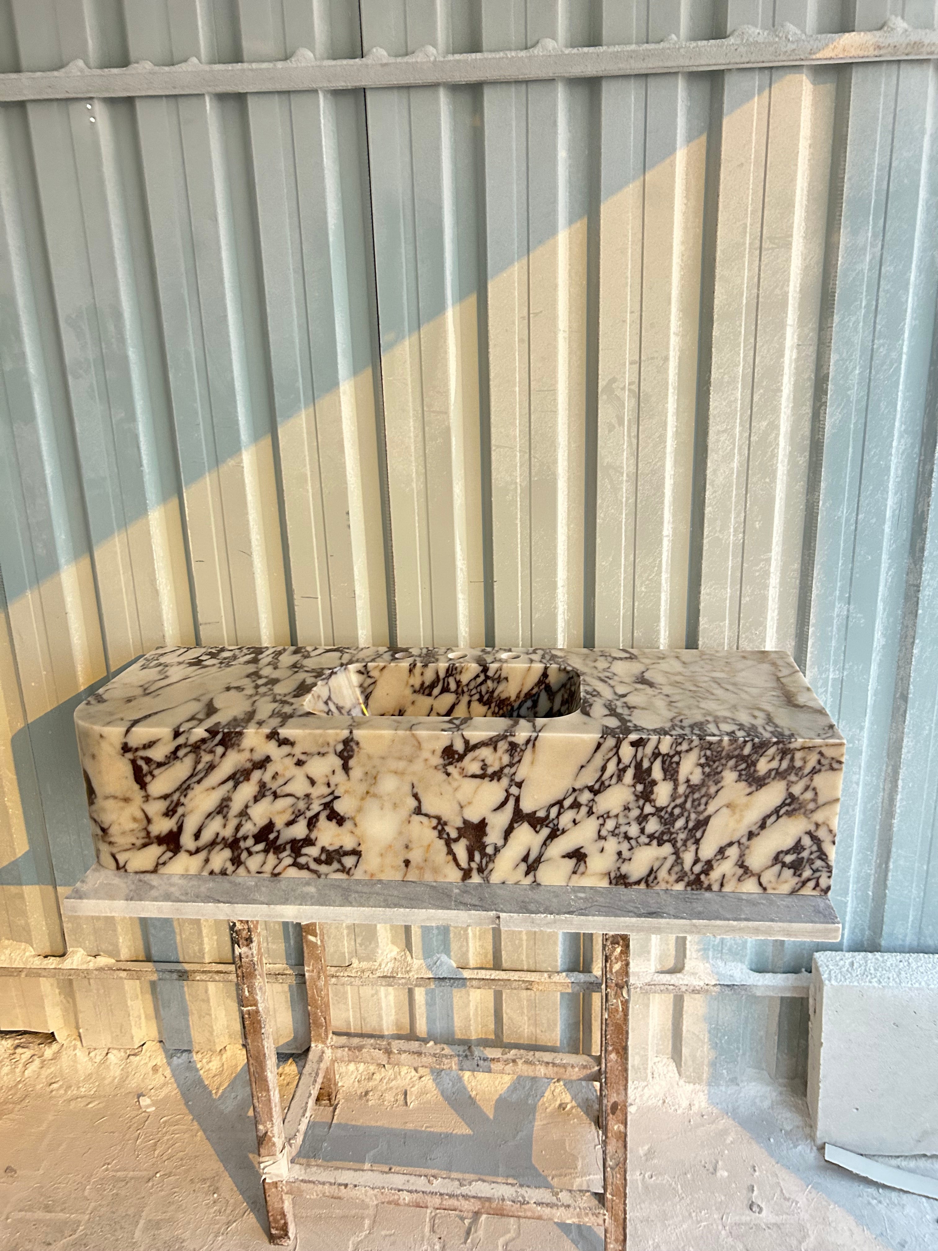 Calacatta Viola Right Corner Sink, Wall Mount Sink, Farmhouse Sink, Marble Washbasin, Antique Marble Floating Vanity For Bathroom