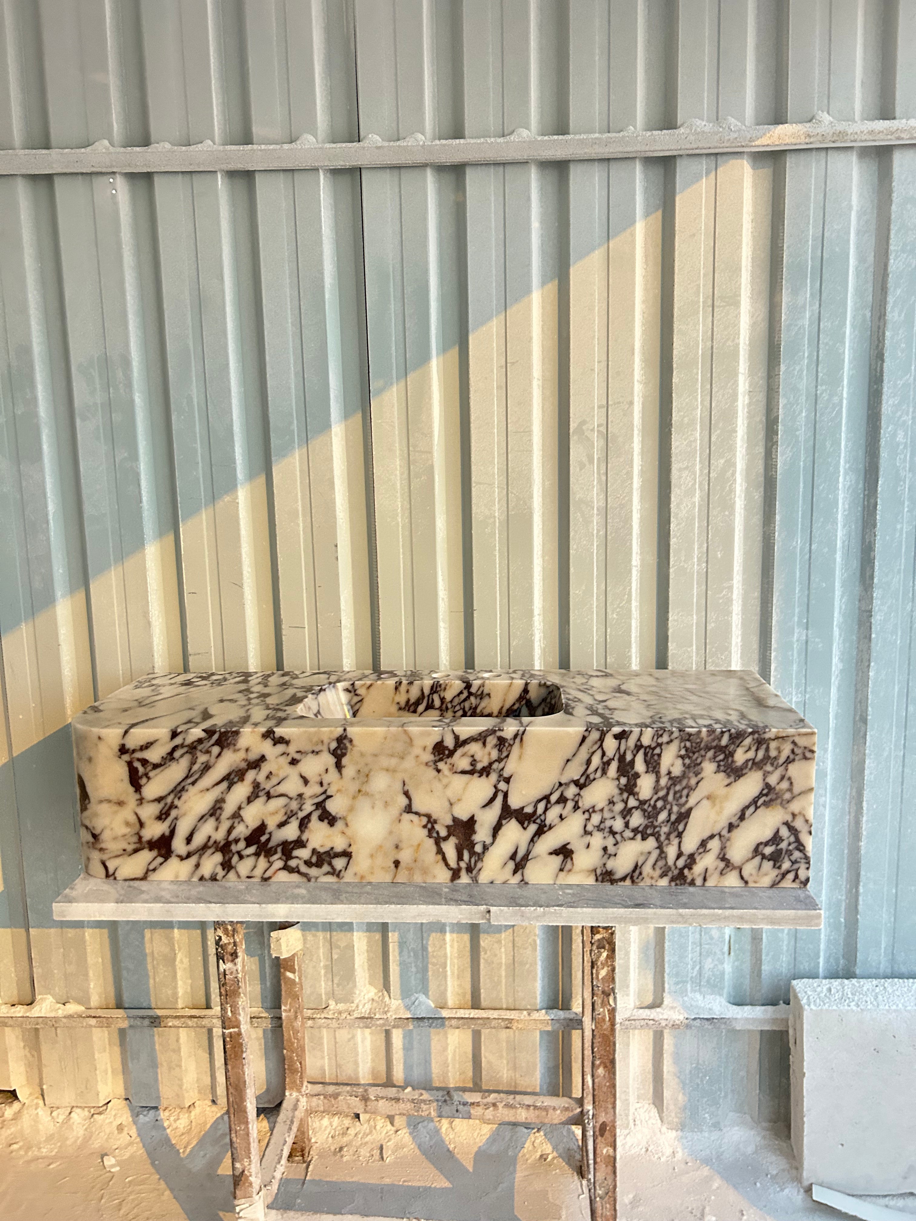 Calacatta Viola Right Corner Sink, Wall Mount Sink, Farmhouse Sink, Marble Washbasin, Antique Marble Floating Vanity For Bathroom