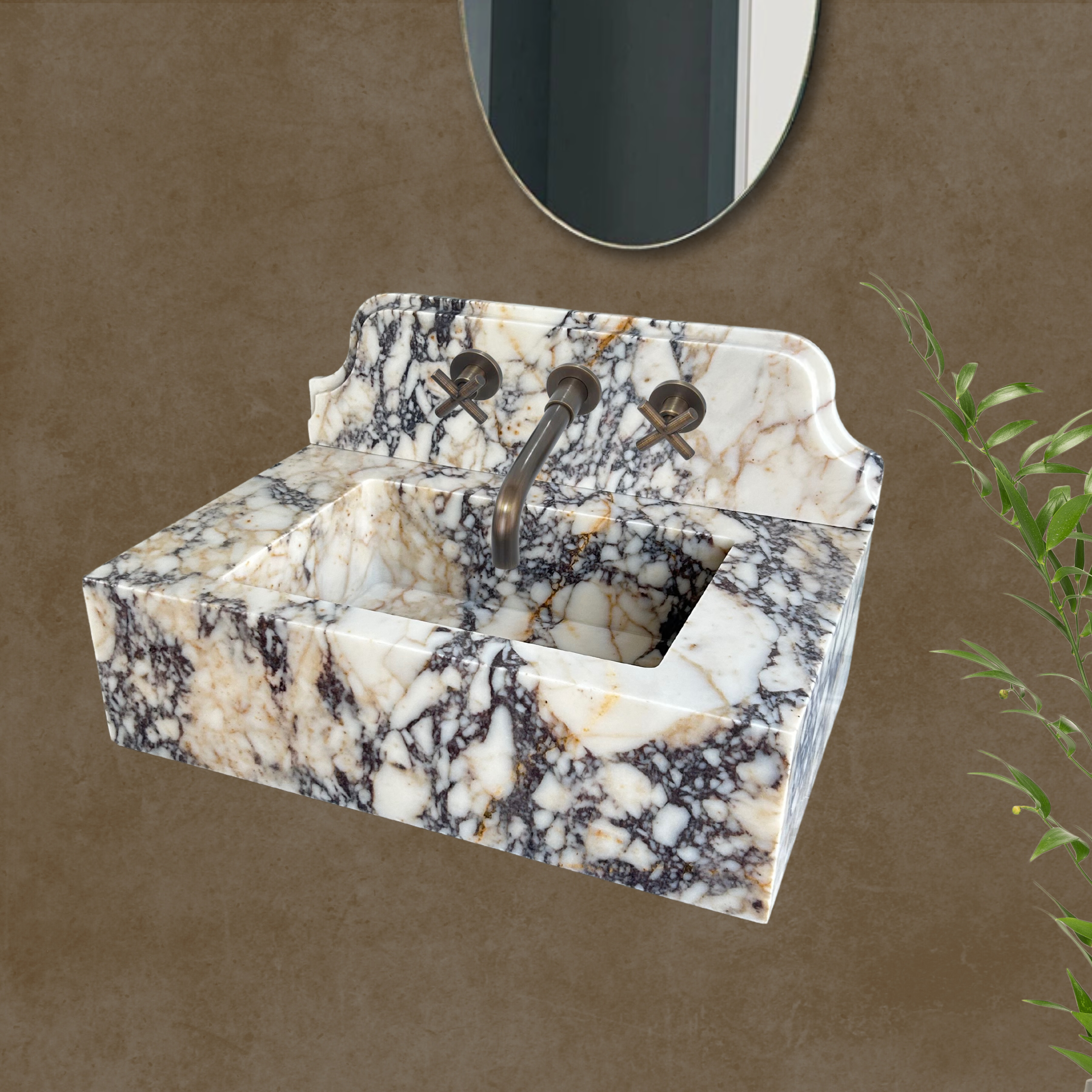 Calacatta Viola Wall Mount Sink, Marble Washbasin with Backsplash, Antique Marble Floating Vanity For Bathroom