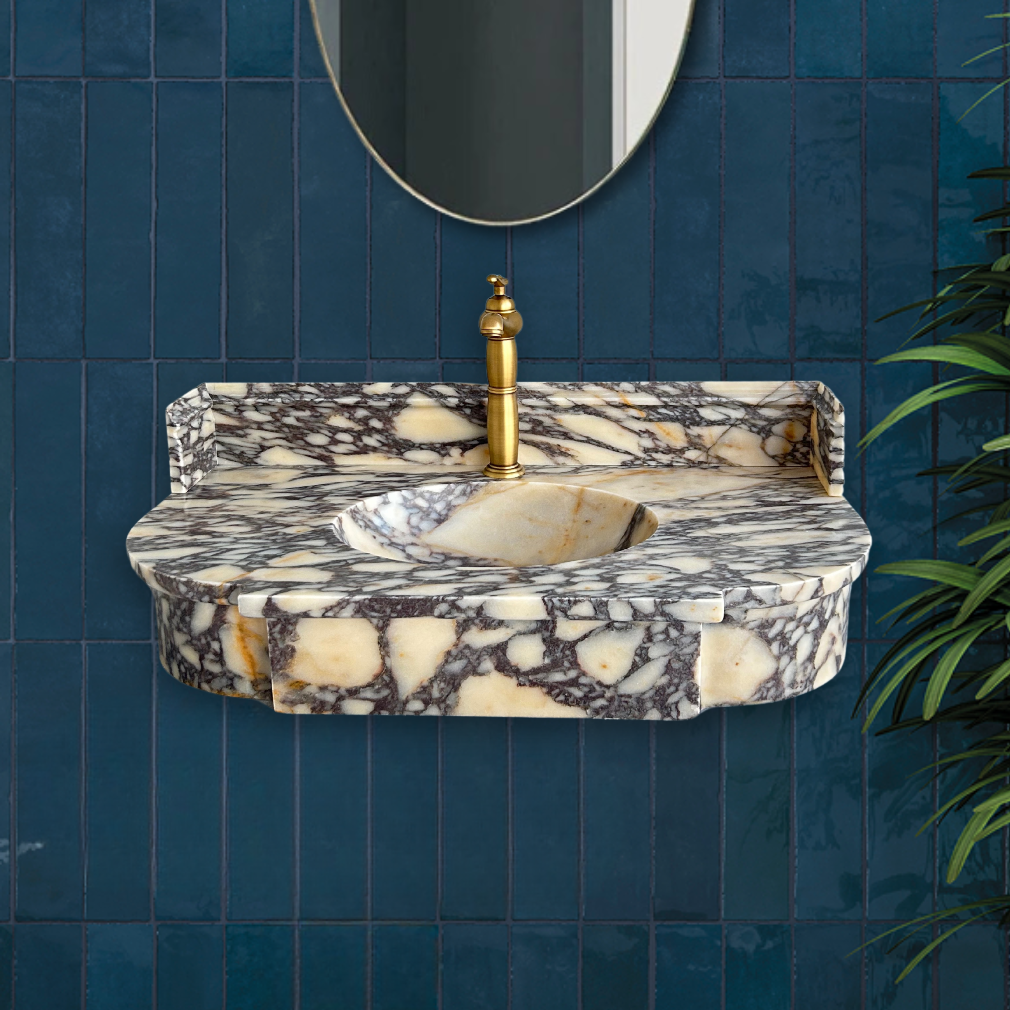 Calacatta Viola Antique Wall Mount Sink, Marble Washbasin with Backsplash, Classical Marble Floating Vanity For Bathroom