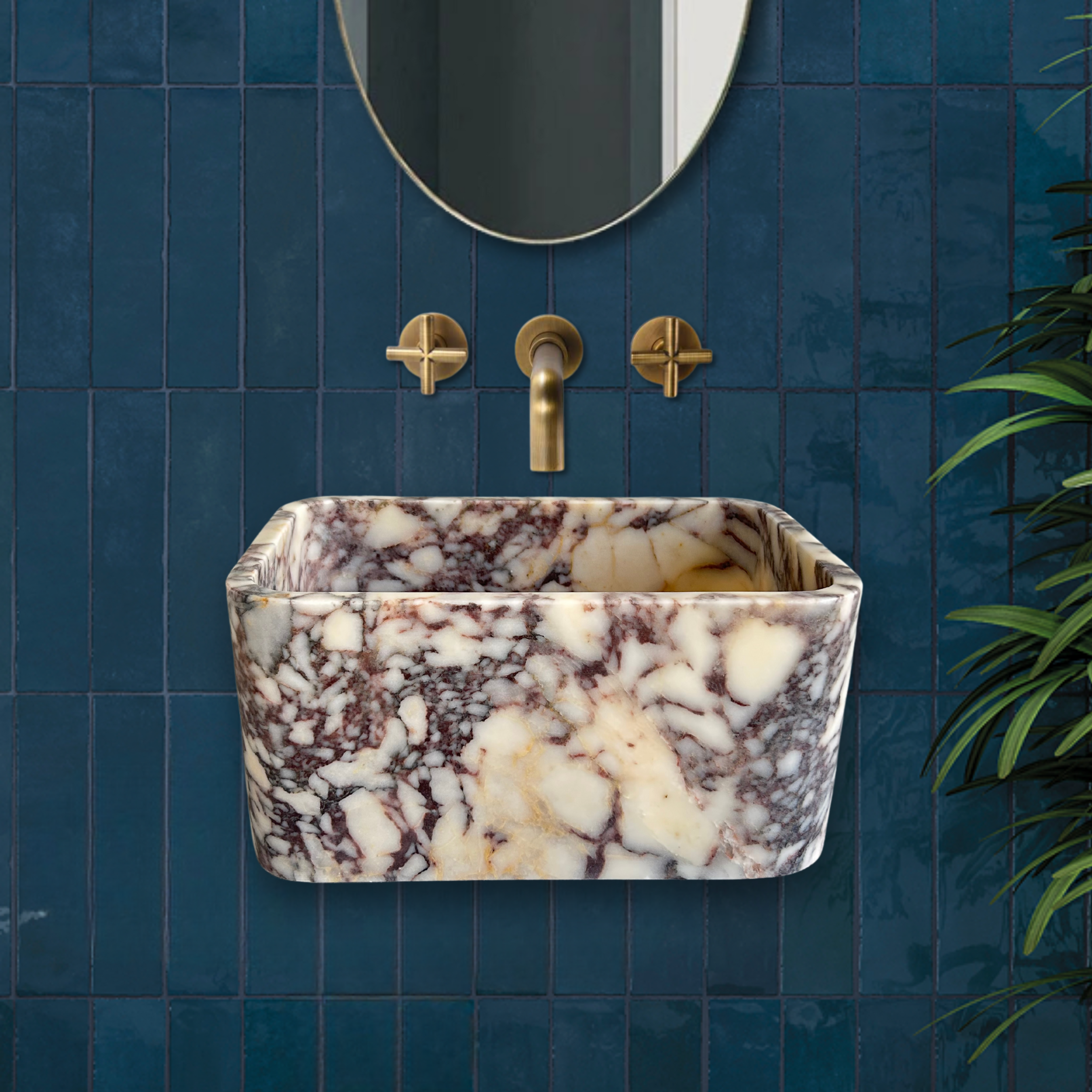 Calacatta Viola Wall Mount Sink, Hand Carved Marble Washbasin, Antique Marble Floating Vanity For Bathroom