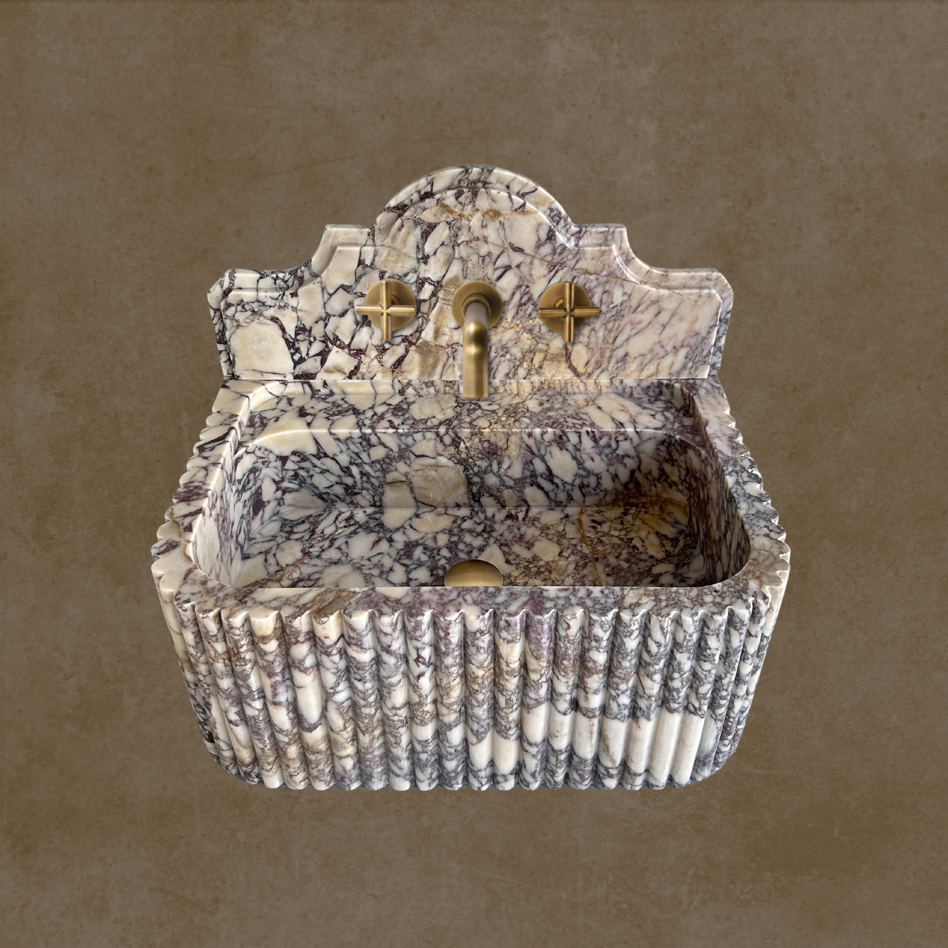 Calacatta Viola Wall Mount Sink, Fluted Marble Washbasin with Backsplash, Antique Marble Floating Vanity For Bathroom