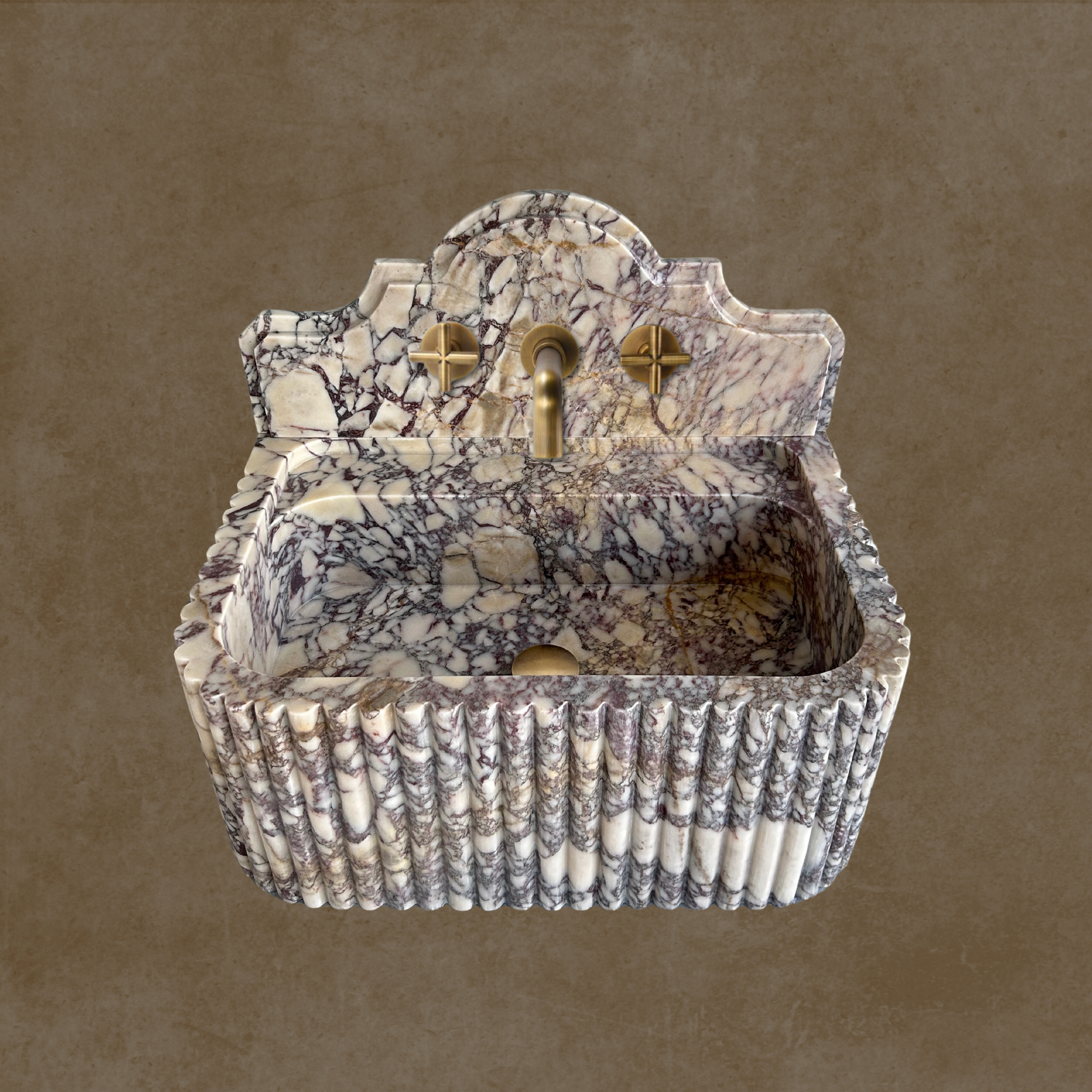 Calacatta Viola Wall Mount Sink, Fluted Marble Washbasin with Backsplash, Antique Marble Floating Vanity For Bathroom
