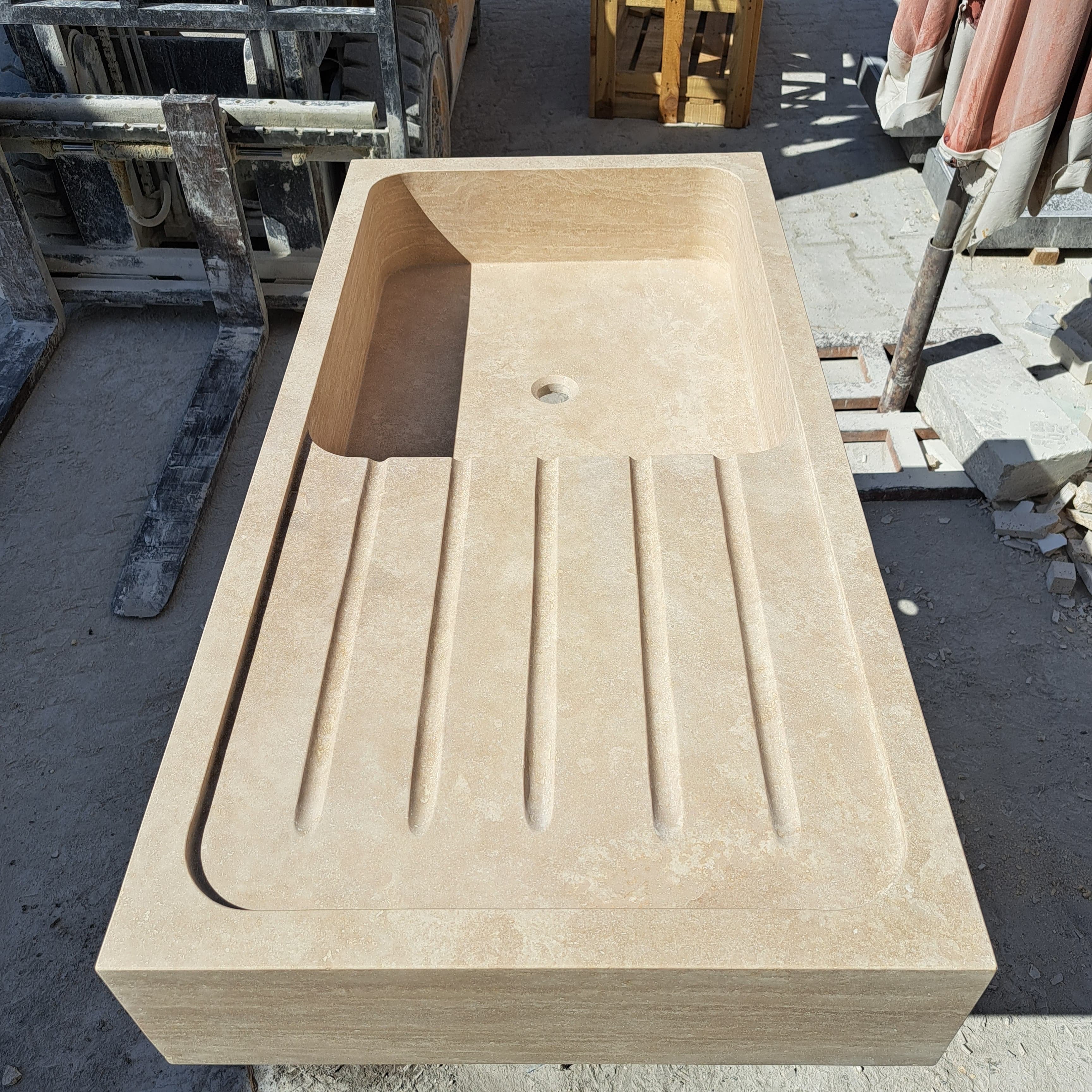 Marble Kitchen Sink, Custom Stone Sink with Drainboard for Kitchen Countertop, Customizable 1 or 2 Compartment Sink