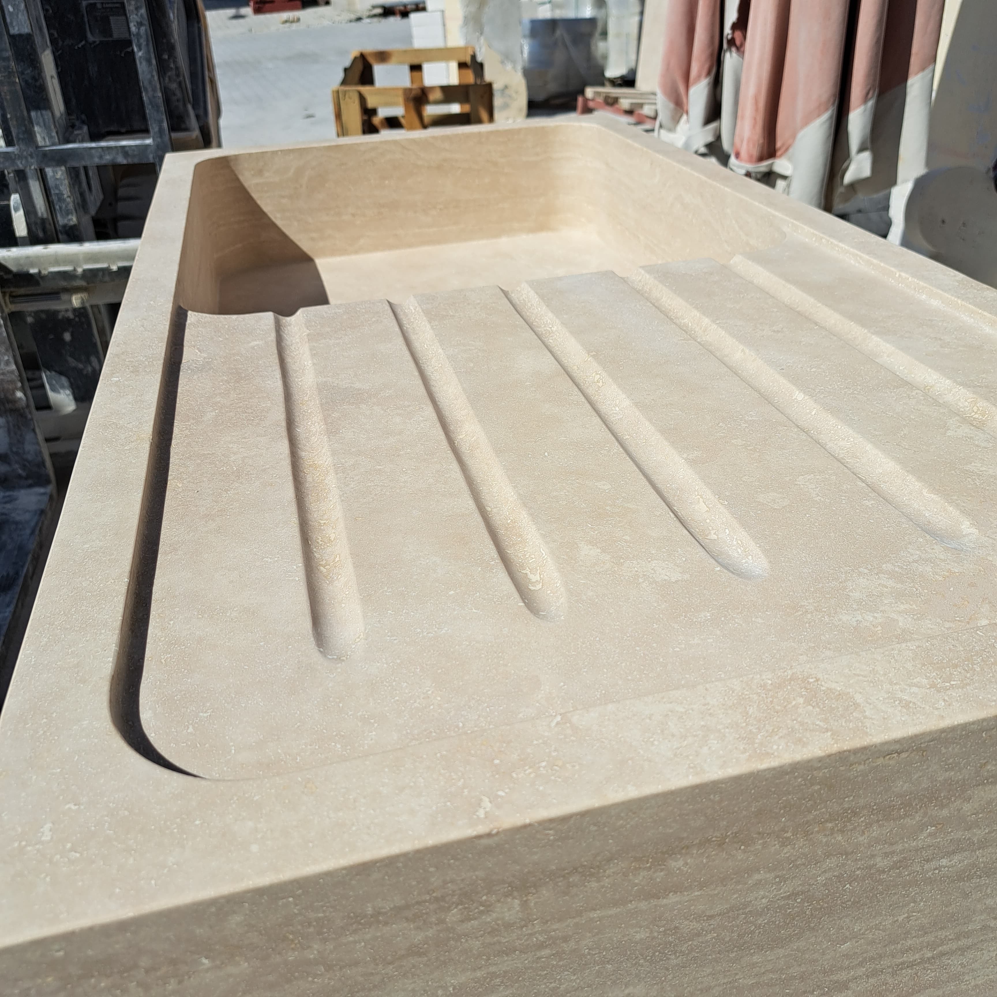 Marble Kitchen Sink, Custom Stone Sink with Drainboard for Kitchen Countertop, Customizable 1 or 2 Compartment Sink