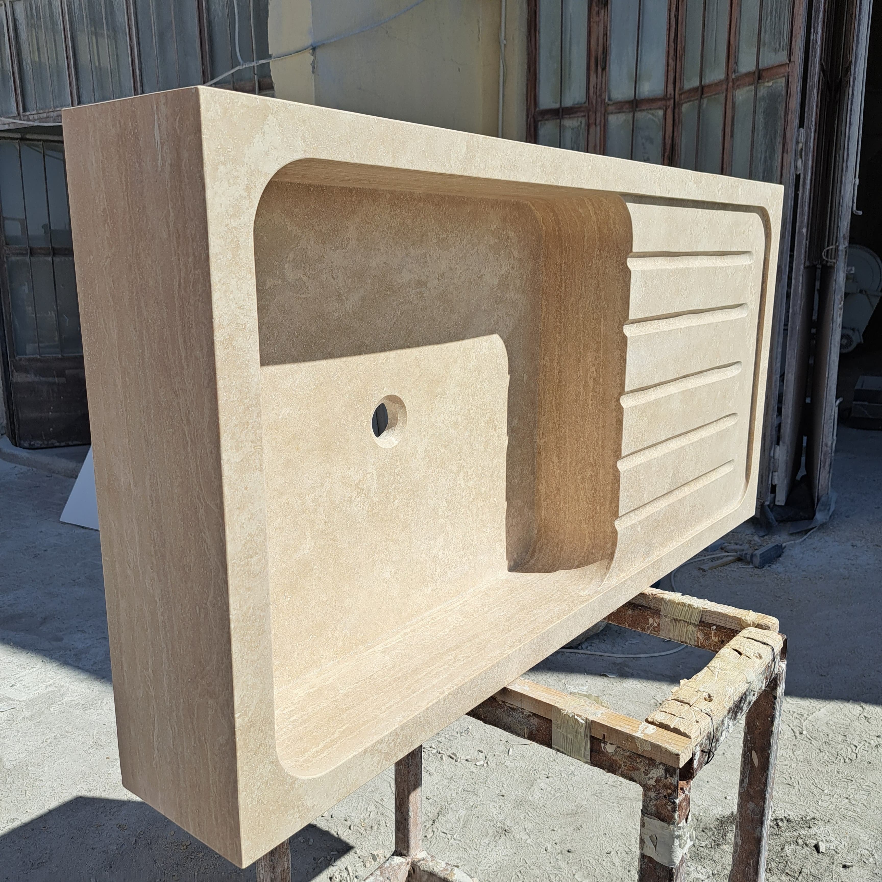 Marble Kitchen Sink, Custom Stone Sink with Drainboard for Kitchen Countertop, Customizable 1 or 2 Compartment Sink