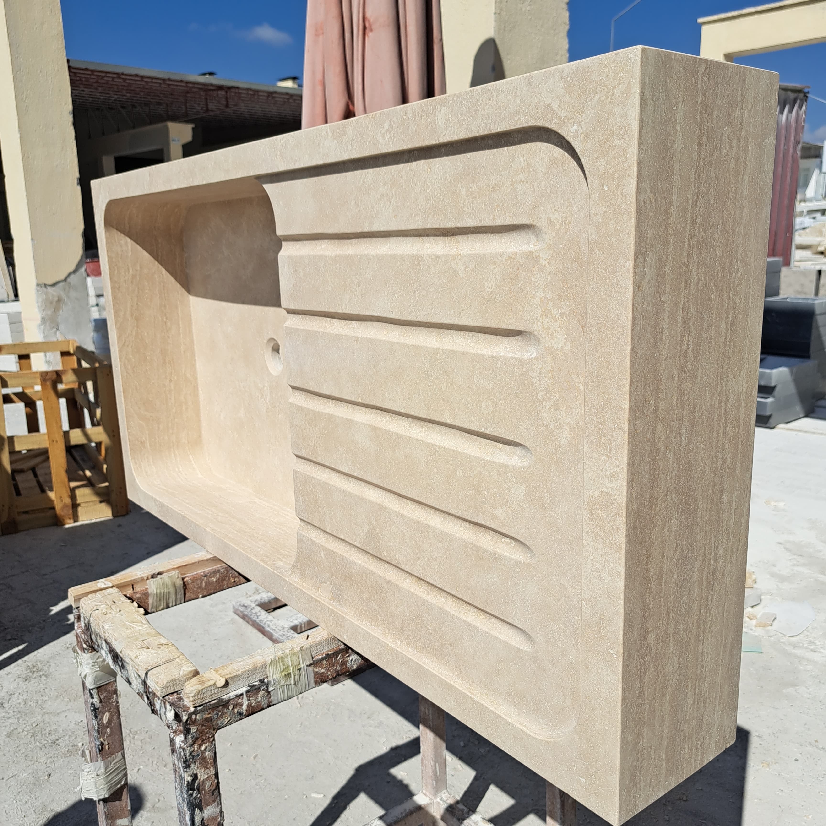 Marble Kitchen Sink, Custom Stone Sink with Drainboard for Kitchen Countertop, Customizable 1 or 2 Compartment Sink