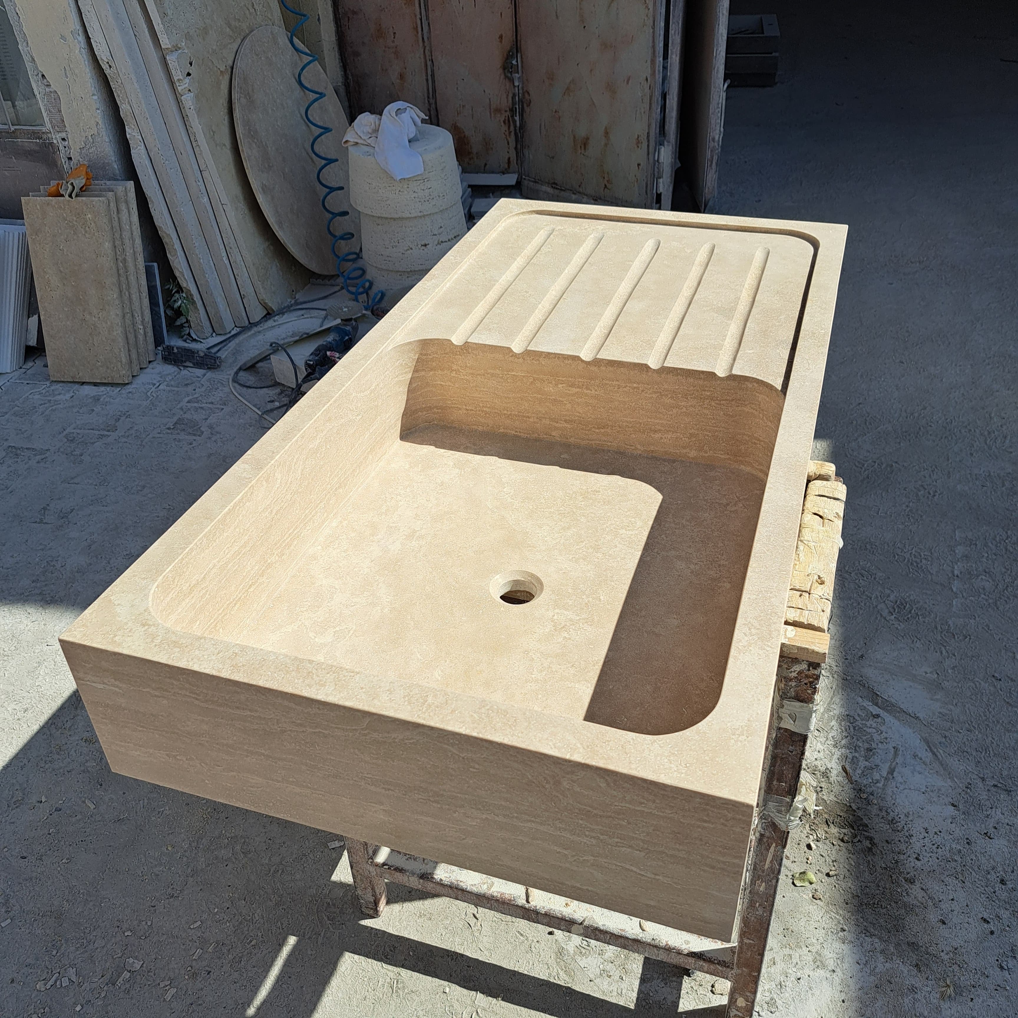 Marble Kitchen Sink, Custom Stone Sink with Drainboard for Kitchen Countertop, Customizable 1 or 2 Compartment Sink