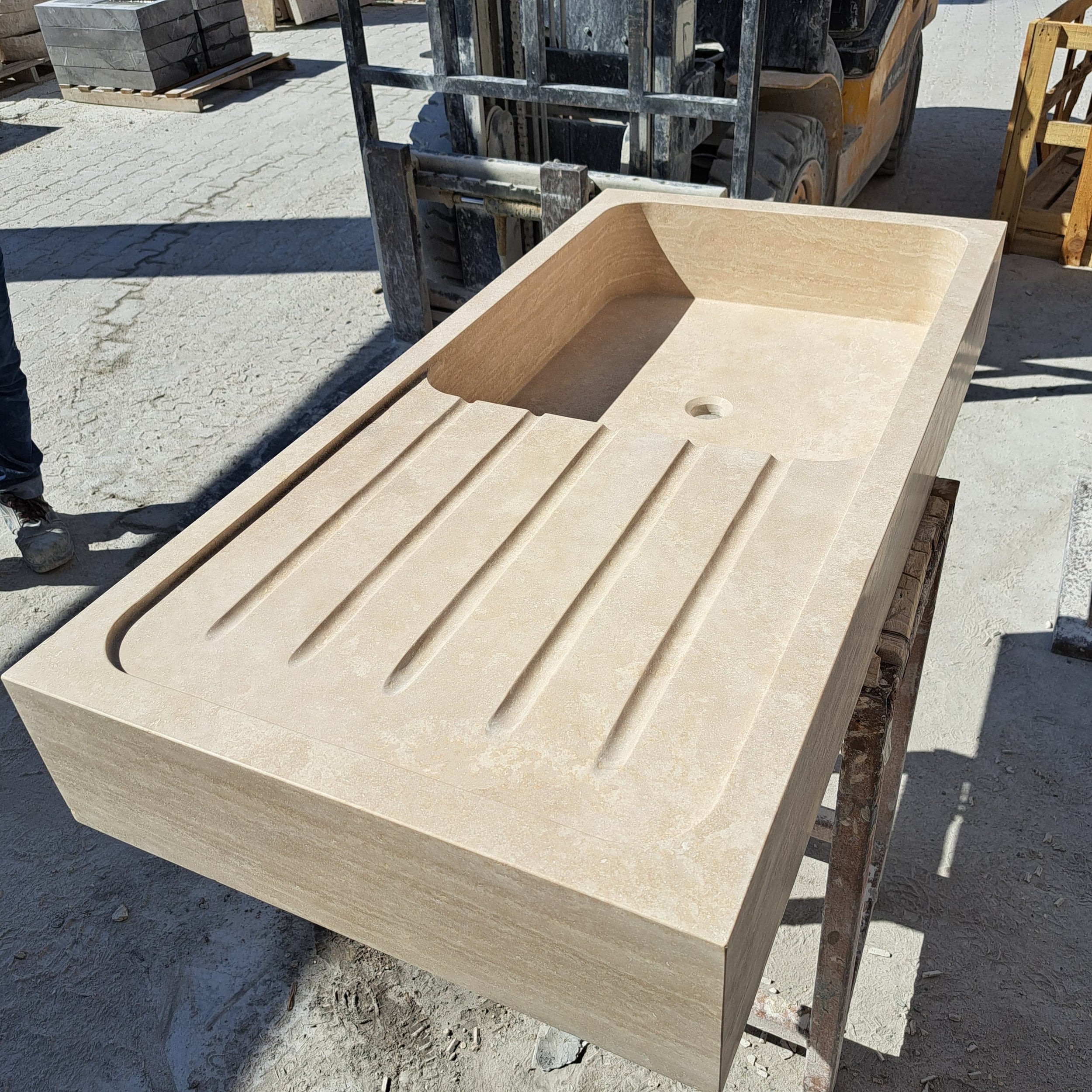 Marble Kitchen Sink, Custom Stone Sink with Drainboard for Kitchen Countertop, Customizable 1 or 2 Compartment Sink