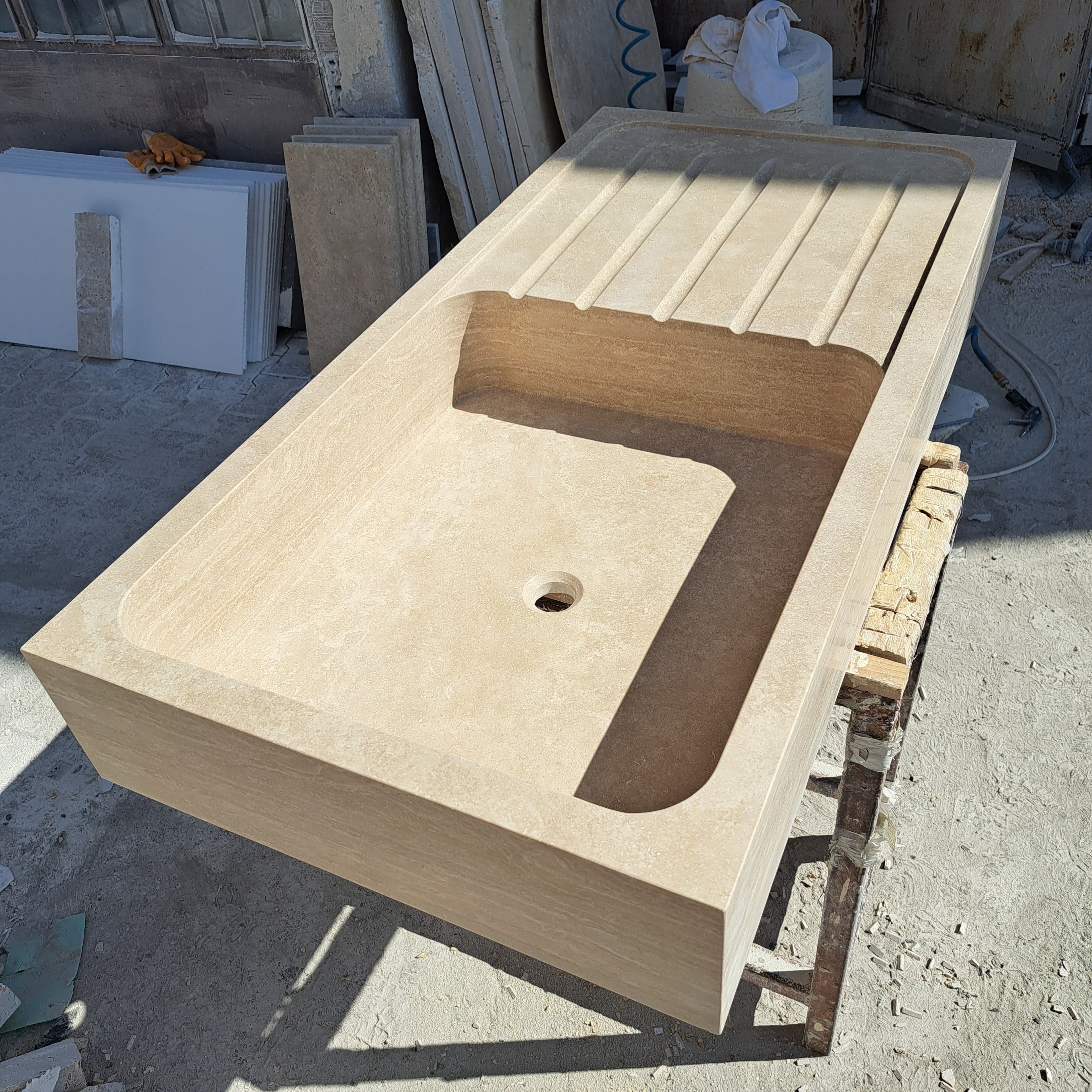Marble Kitchen Sink, Custom Stone Sink with Drainboard for Kitchen Countertop, Customizable 1 or 2 Compartment Sink